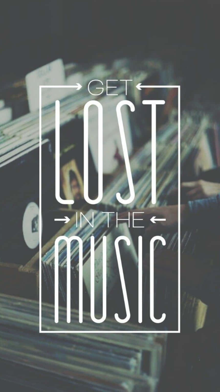 vinyl records, dimly lit shop, bold white text, HD Phone Wallpaper