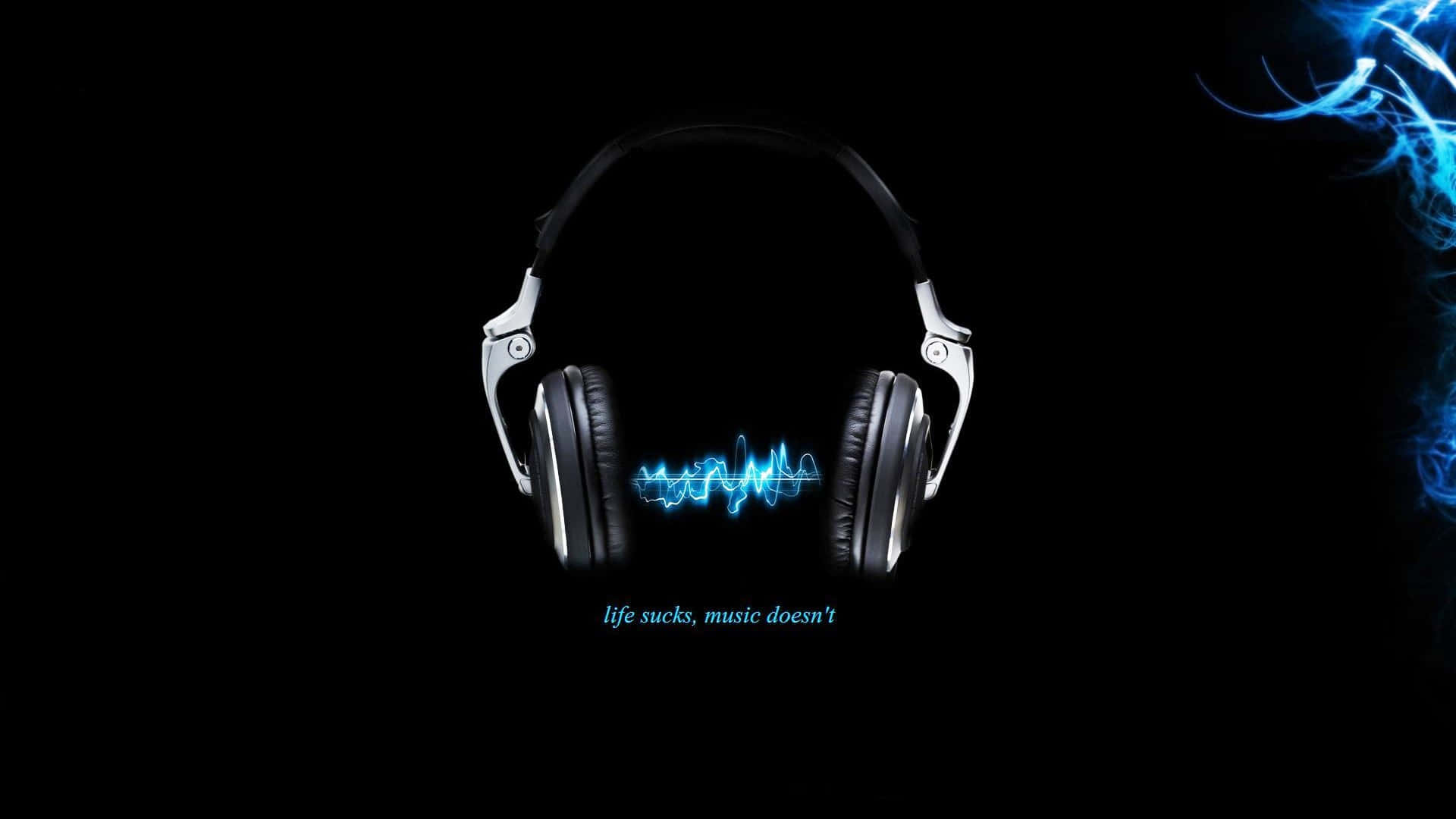 black over-ear headphones, glowing blue sound waves, dark background, Full HD Desktop Wallpaper
