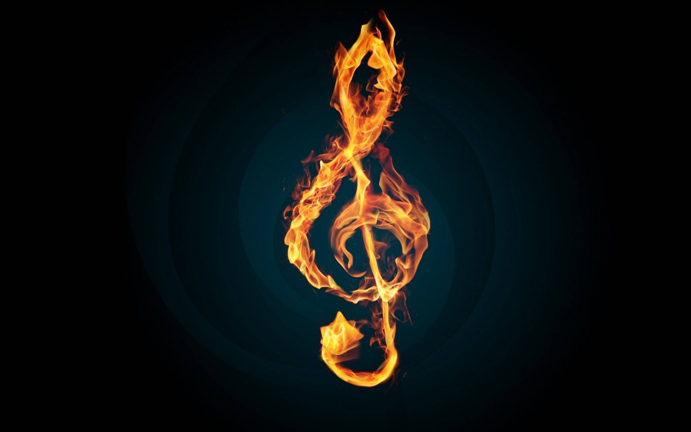 music symbols, burning treble clef, dark blue gradient background, 2K Desktop Wallpaper