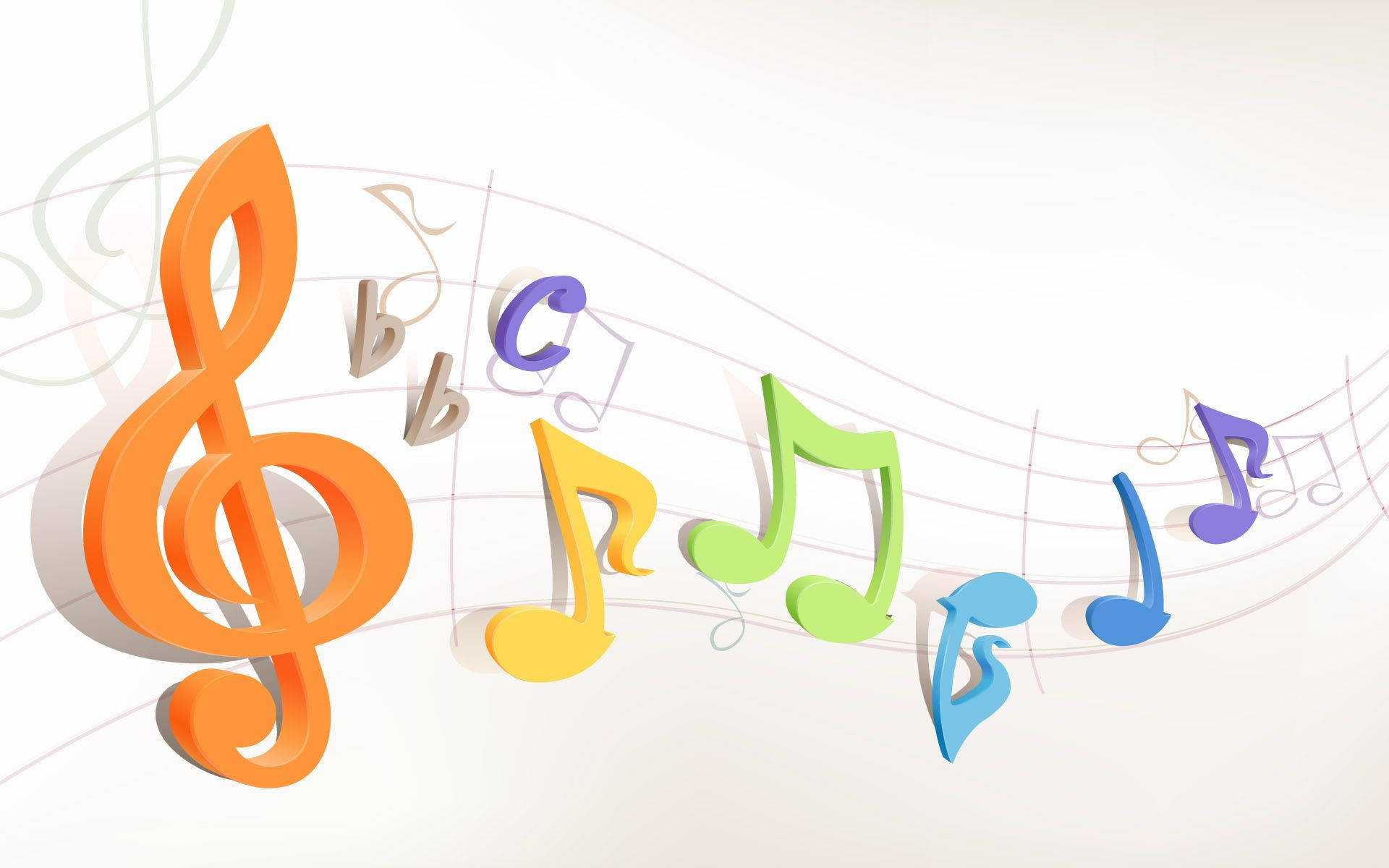 3d-rendered musical notes, treble clef, curved staff, Full HD Desktop Wallpaper