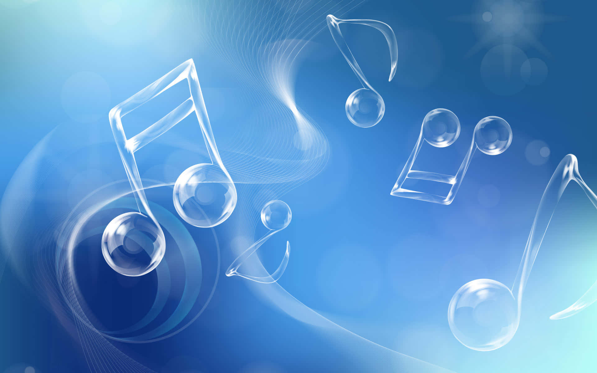 music notes, transparent glass-like, soft gradient blue background, Full HD Desktop Wallpaper