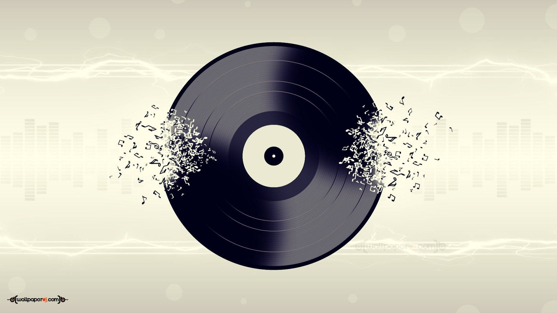 black vinyl record, floating musical notes, beige background, Full HD Desktop Wallpaper