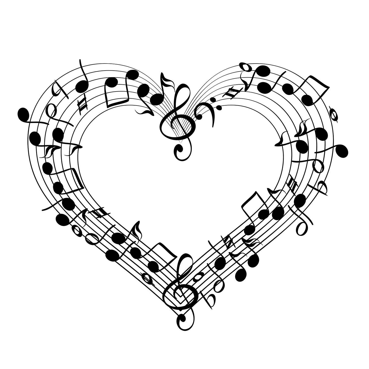 black heart, musical notes, staff lines, HD Desktop Wallpaper