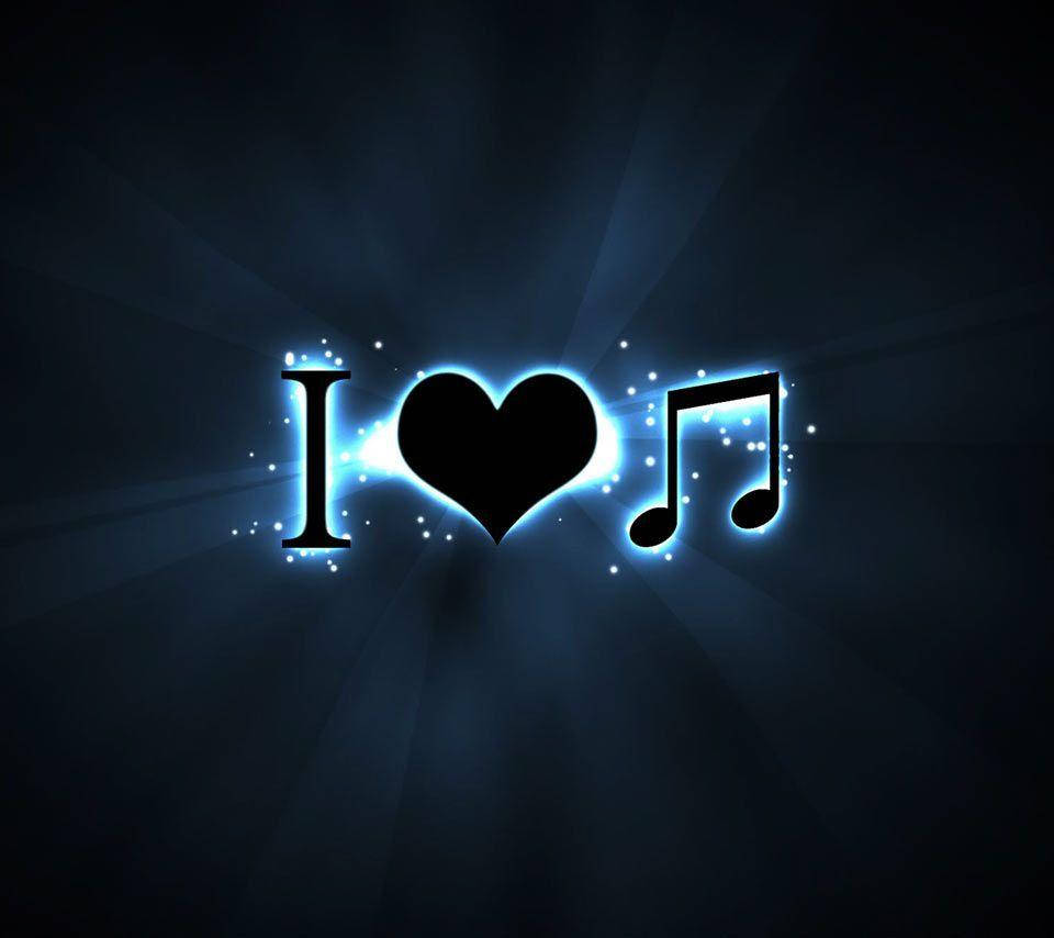 music symbols, glowing blue, I heart music, SD Desktop Wallpaper