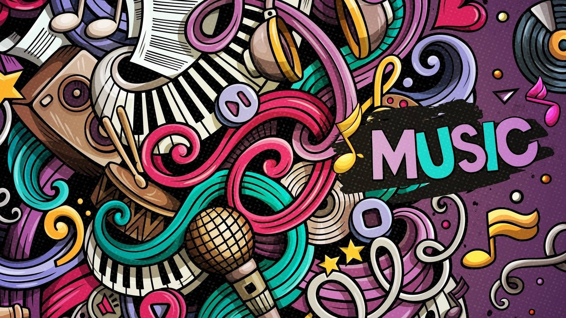 cute music icons, abstract doodle, musical instruments, Full HD Desktop Wallpaper