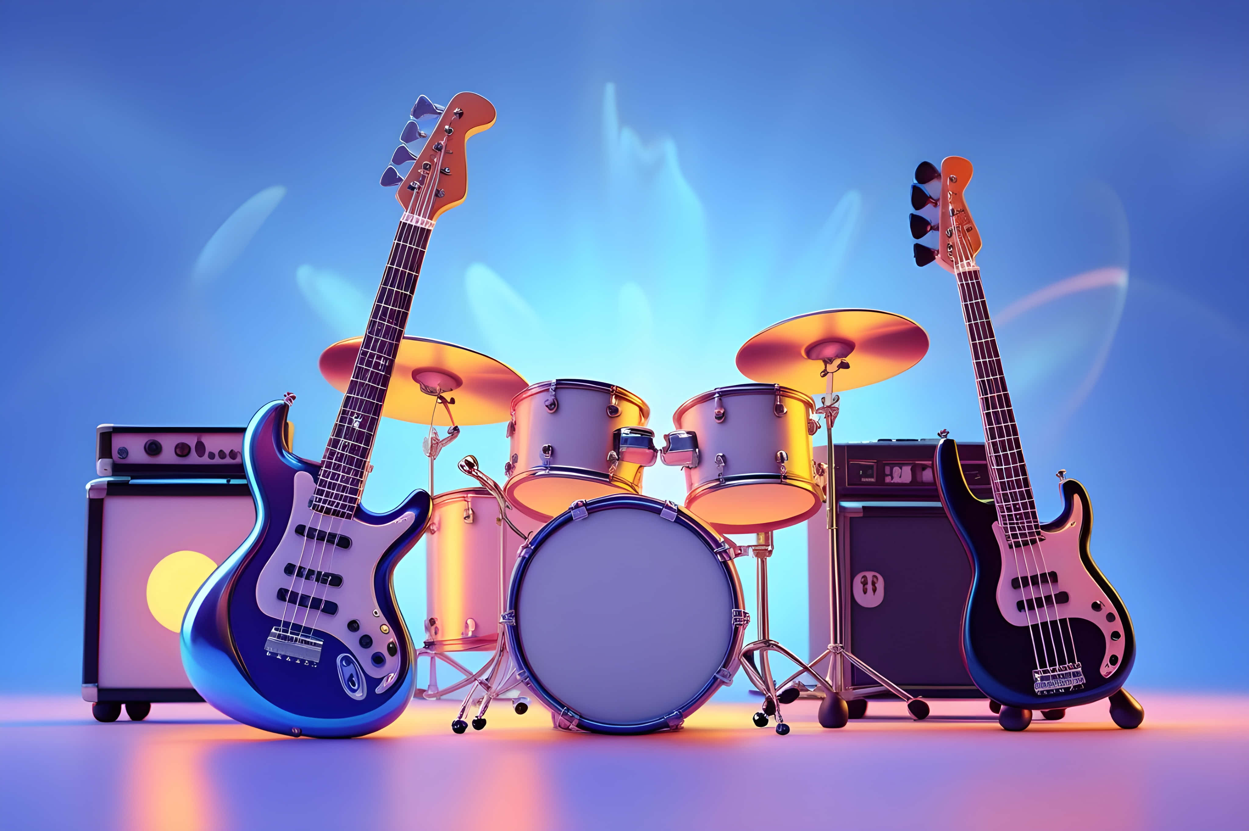 vibrant blue, orange stage setup, electric guitars, 4K Desktop Wallpaper