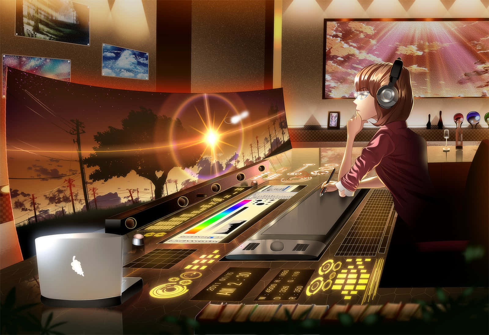 Anime girl, headphones, vibrant sunset landscape, HD Desktop Wallpaper