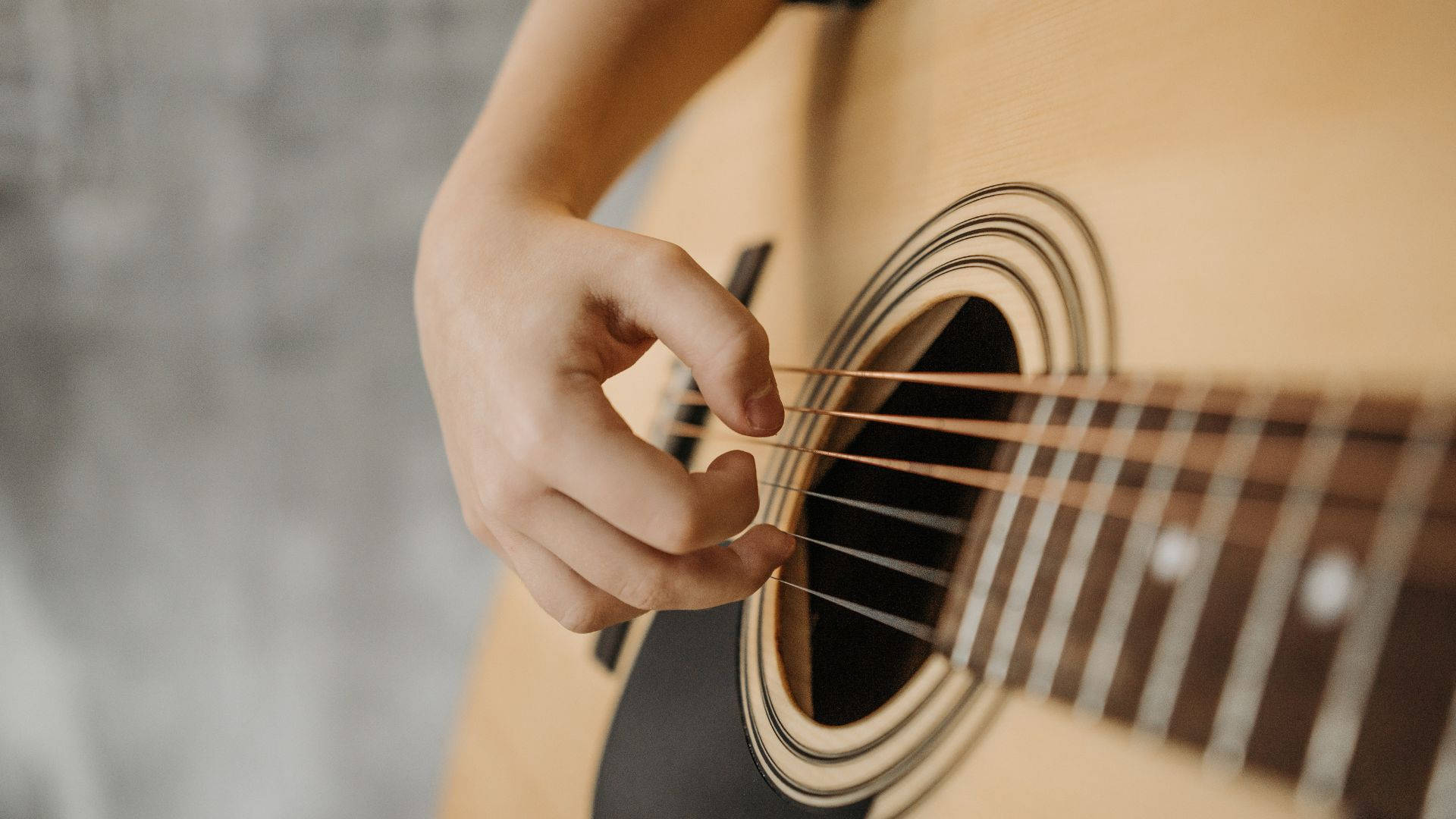 acoustic guitar, light wood, soft gray background, Full HD Desktop Wallpaper