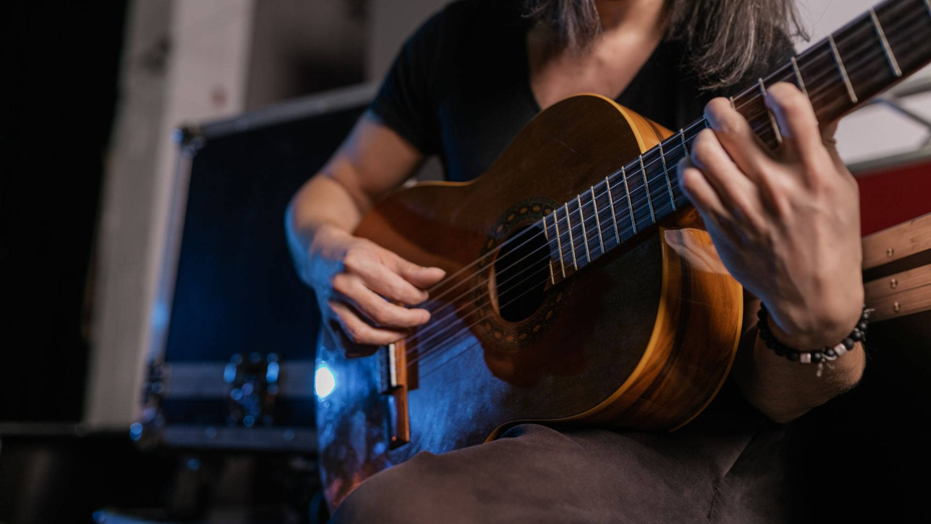 classical guitar, cool blue stage lights, black case, Full HD Desktop Wallpaper