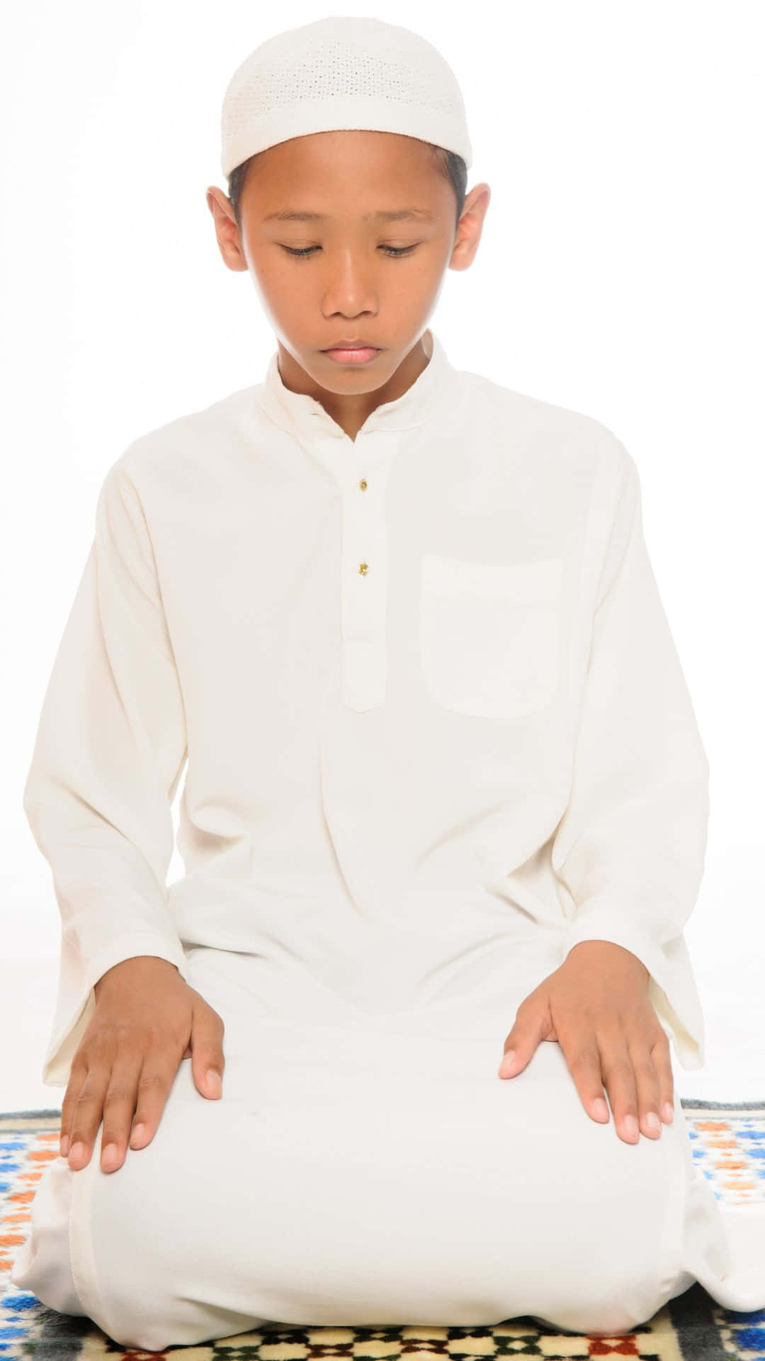 young Muslim Boy, white prayer attire, patterned rug, Full HD Phone Wallpaper