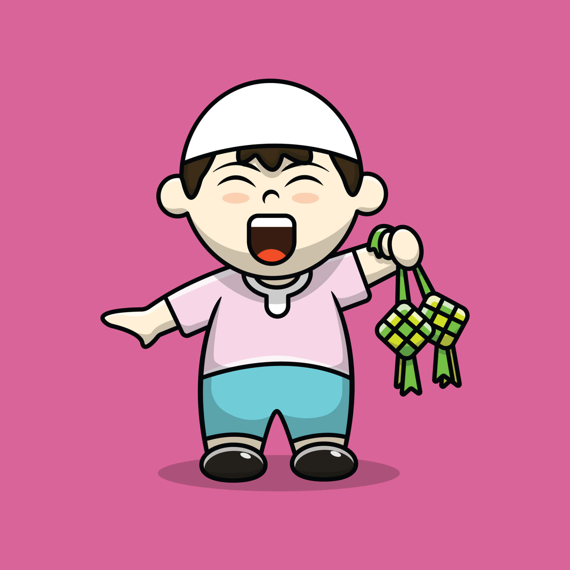 chubby animated muslim boy, white cap, pink shirt, Full HD Desktop Wallpaper