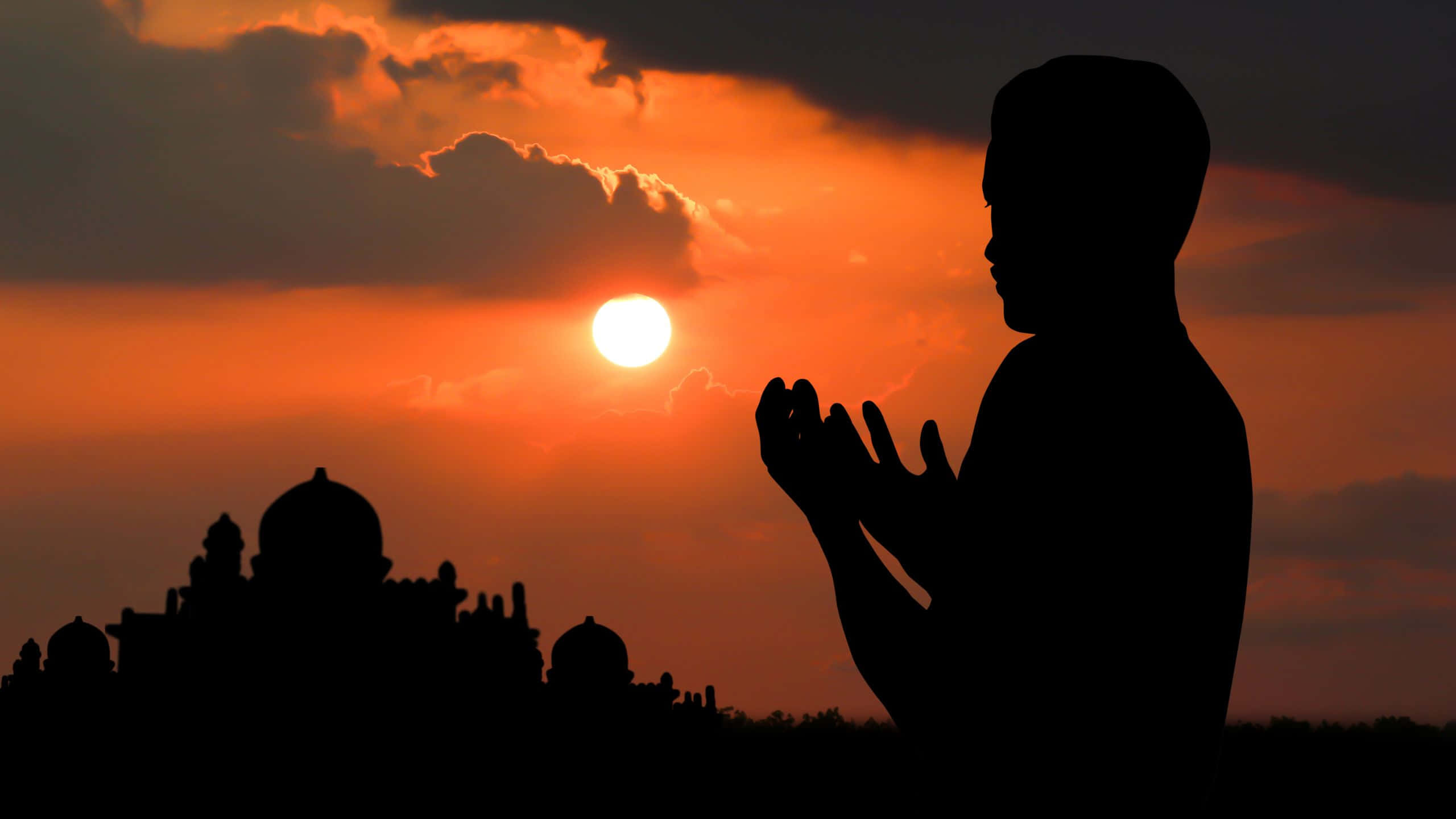 Muslim Boy, sunset, fiery orange clouds, 2K Desktop Wallpaper