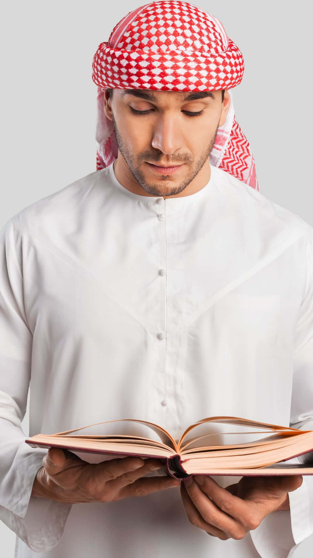 red and white checkered headwear, white robe, book, Full HD Phone Wallpaper