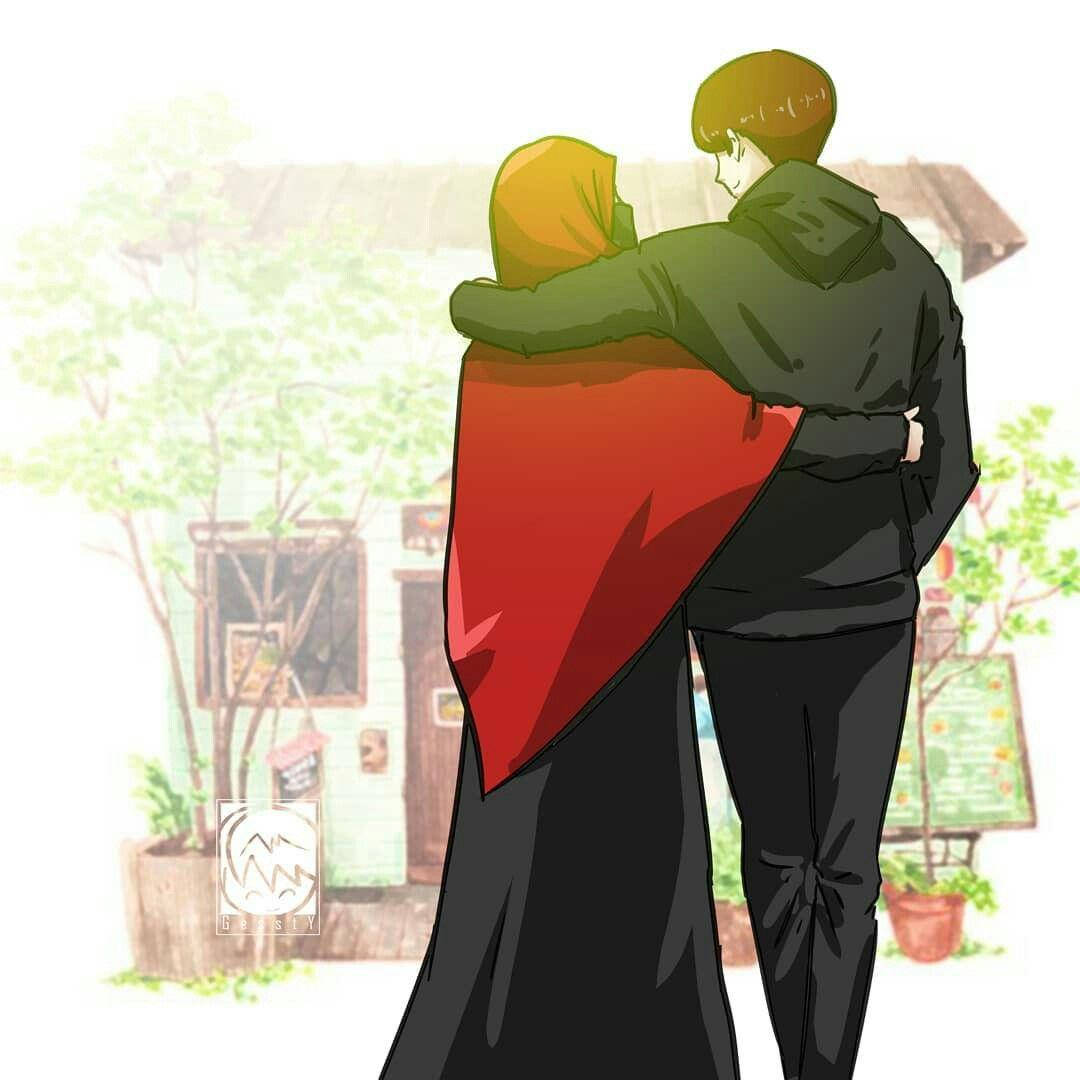 animated muslim couple, anime characters, soft outdoor setting, SD Desktop Wallpaper