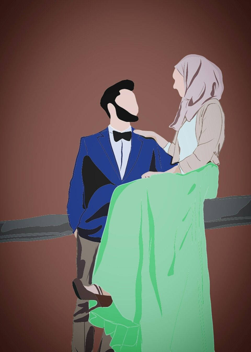 Muslim Couple Cartoon, minimalist formal clothing, solid brown background, HD Phone Wallpaper