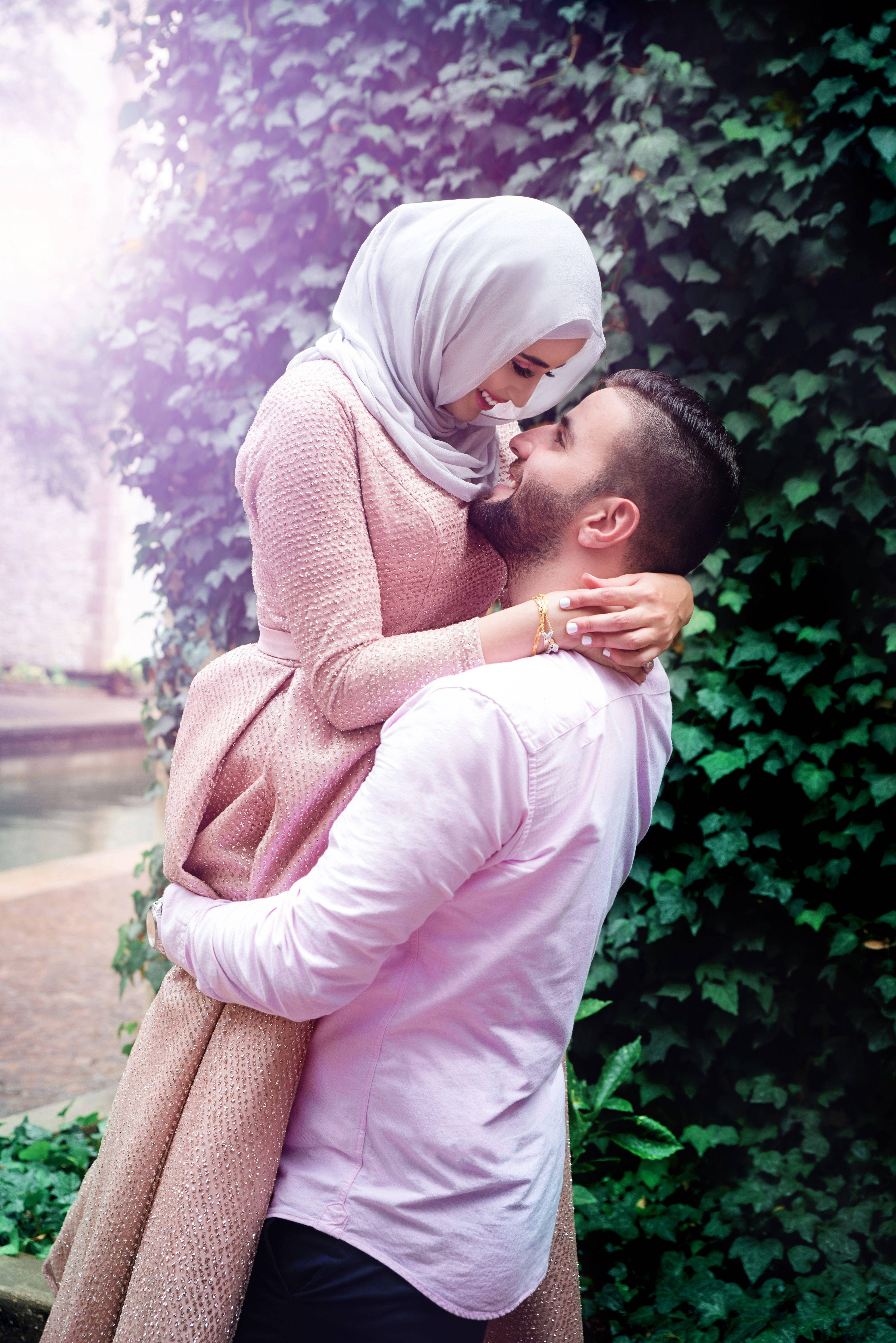 Muslim Couple, intimate moment, tender embrace, 5K Phone Wallpaper
