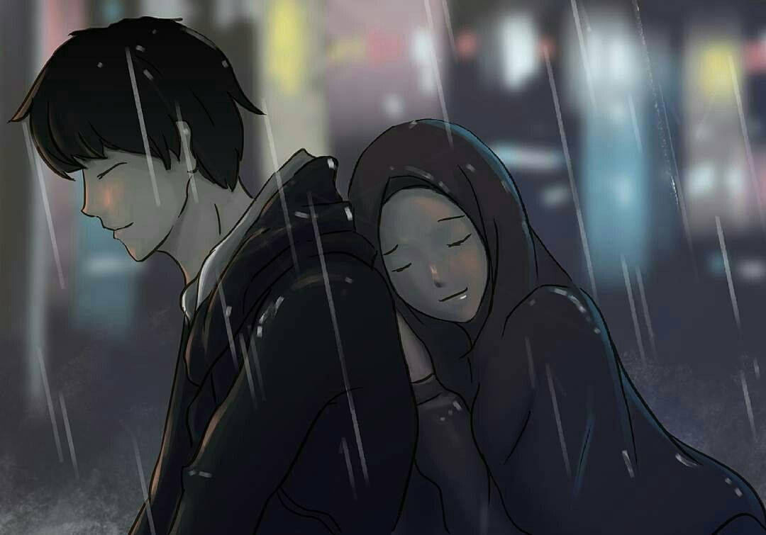 Muslim Couple Cartoon, rain, neon-lit city, SD Desktop Wallpaper