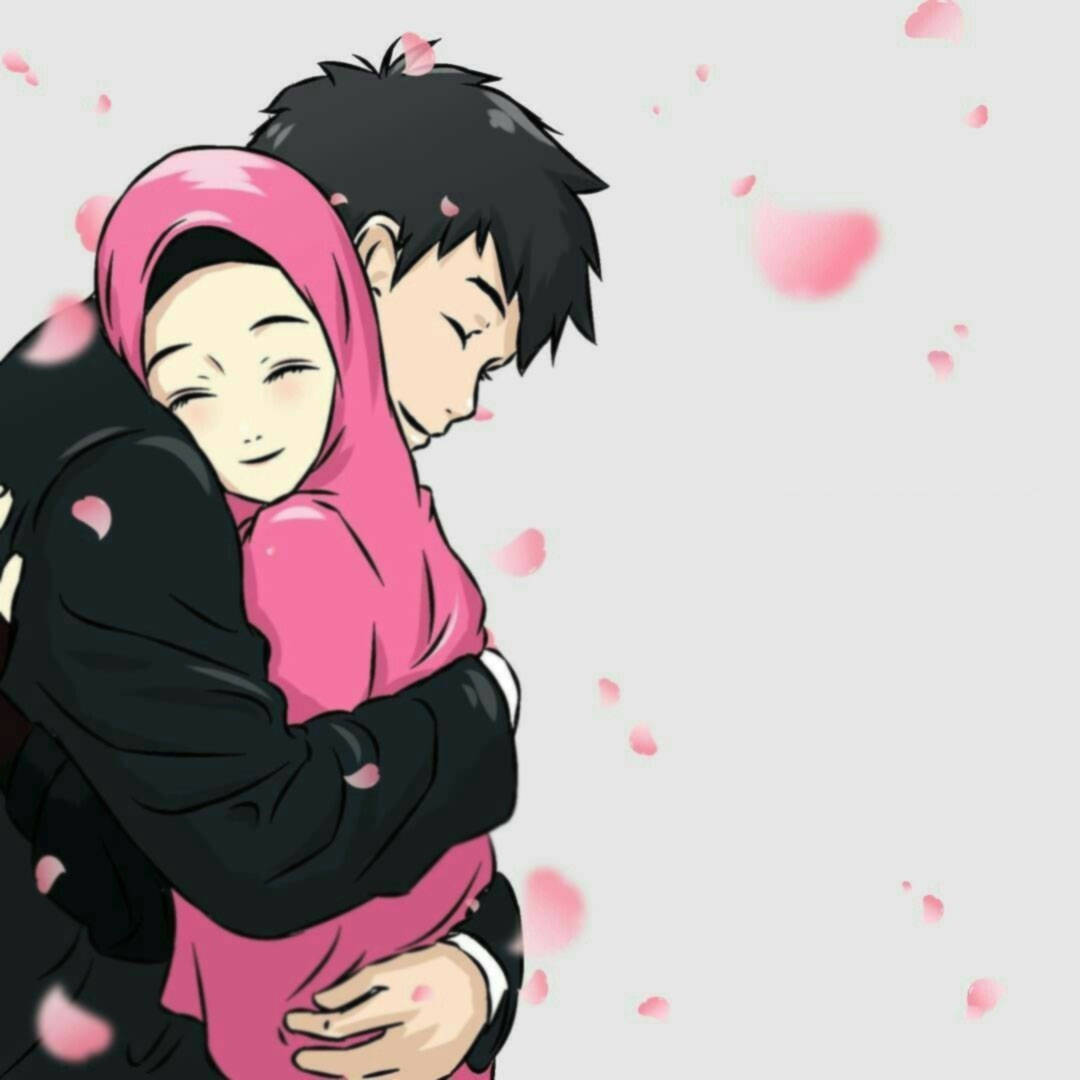 anime Muslim couple hug, young couple, pink petals, SD Desktop Wallpaper