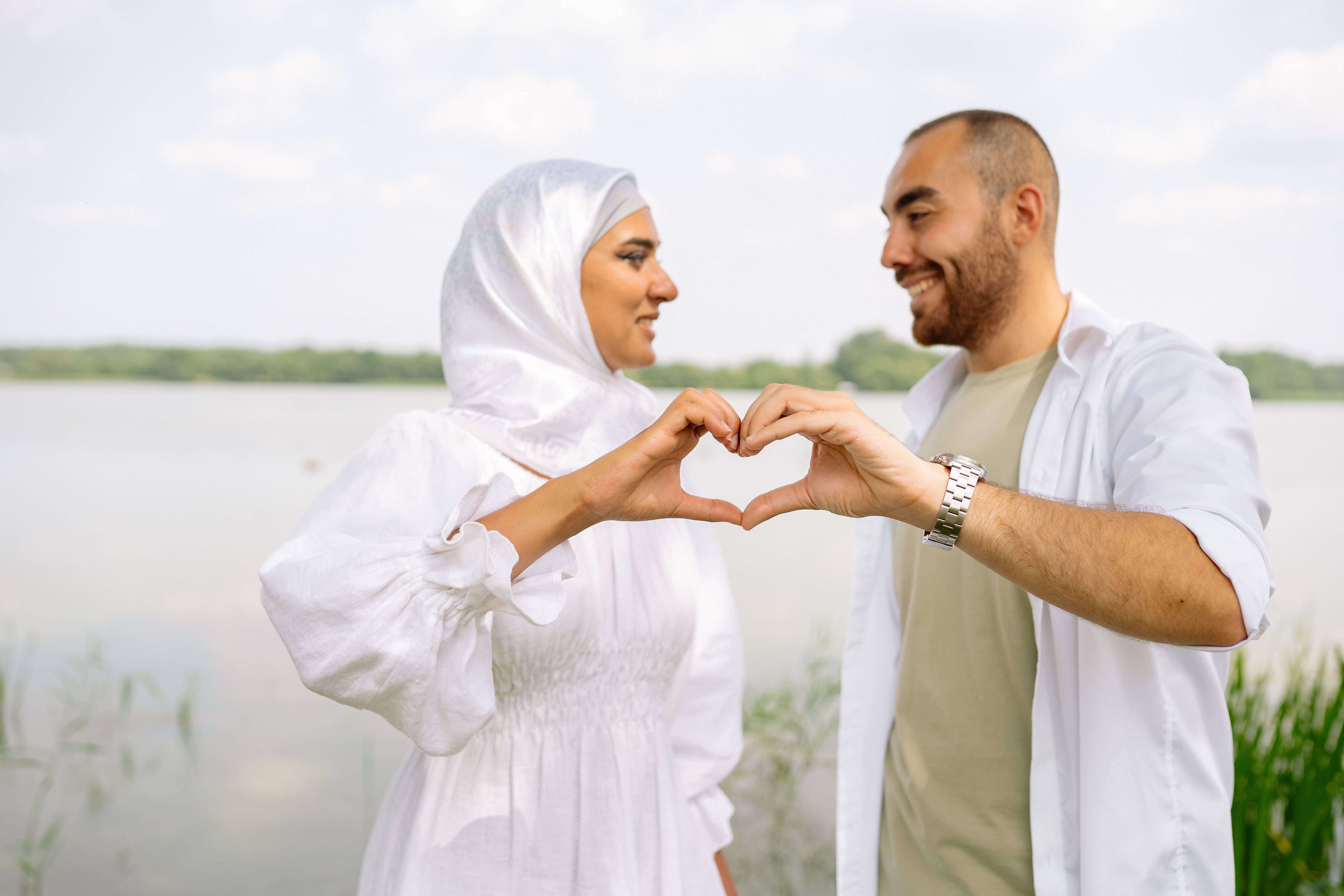 Muslim Couple Heart Symbol Pose, heart shape, calm lake, 5K Desktop Wallpaper