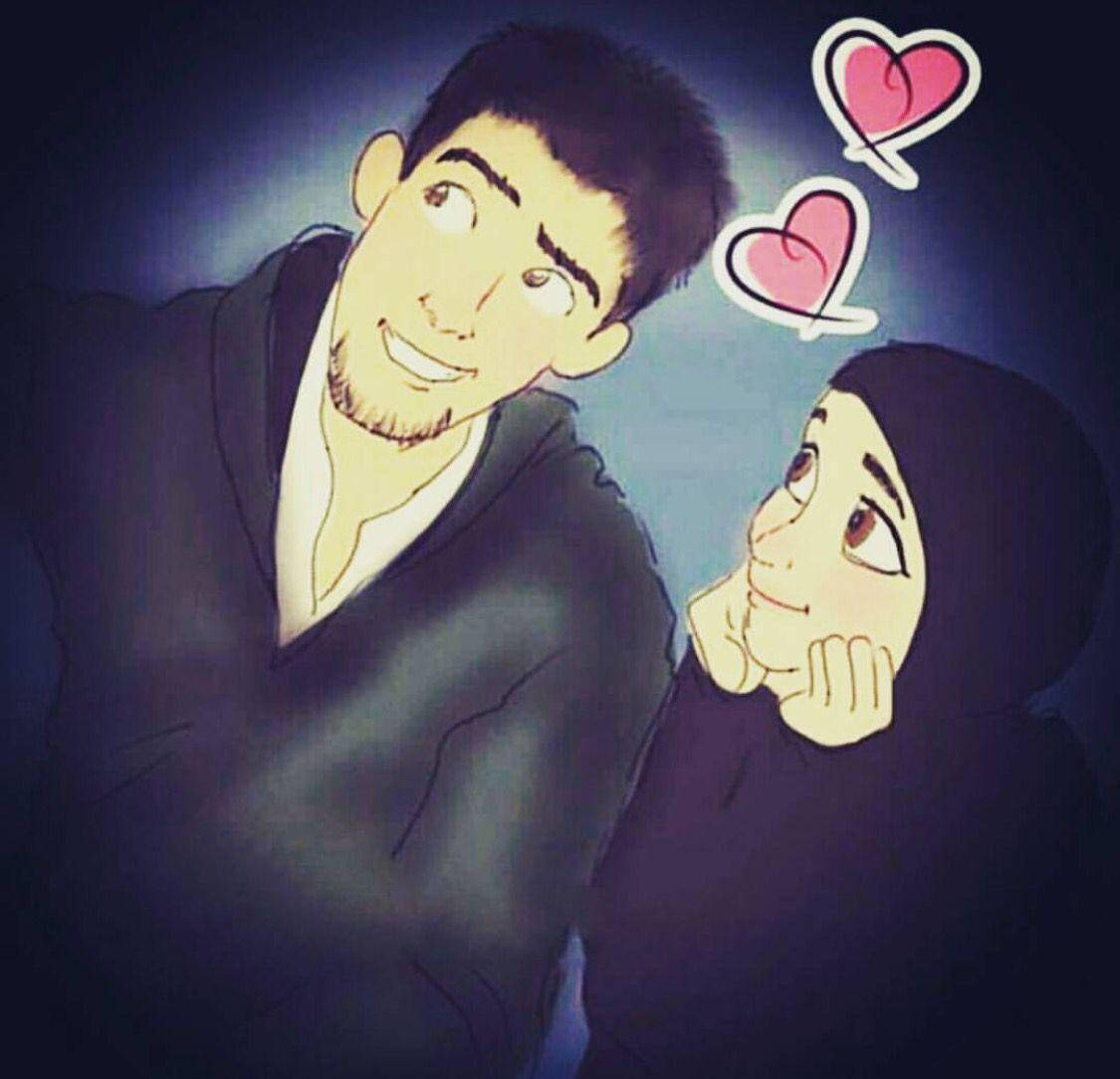 Muslim Couple Cartoon, floating pink hearts, dark blue background, SD Desktop Wallpaper
