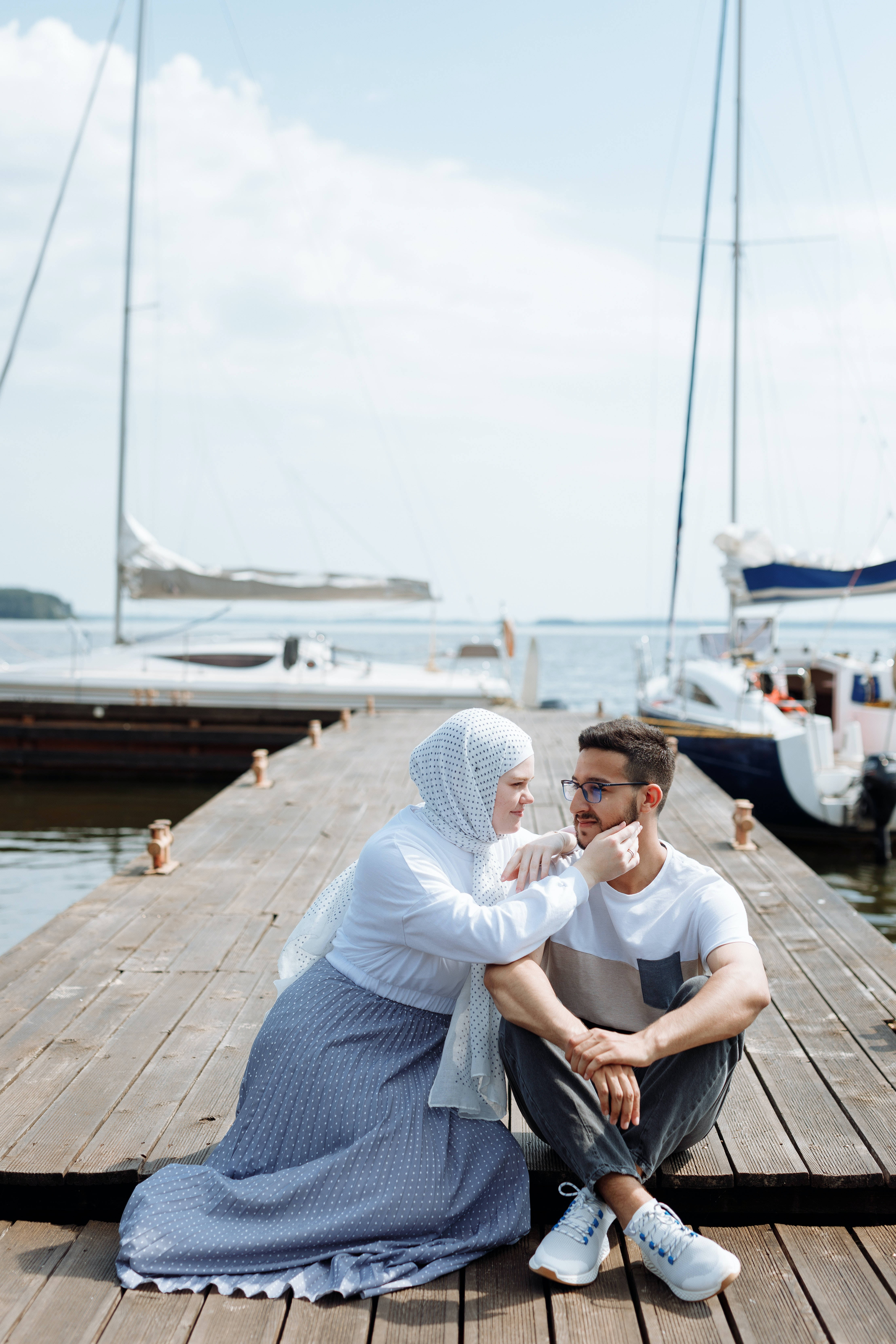 Muslim Couple, wooden dock, sailboats, 5K Phone Wallpaper