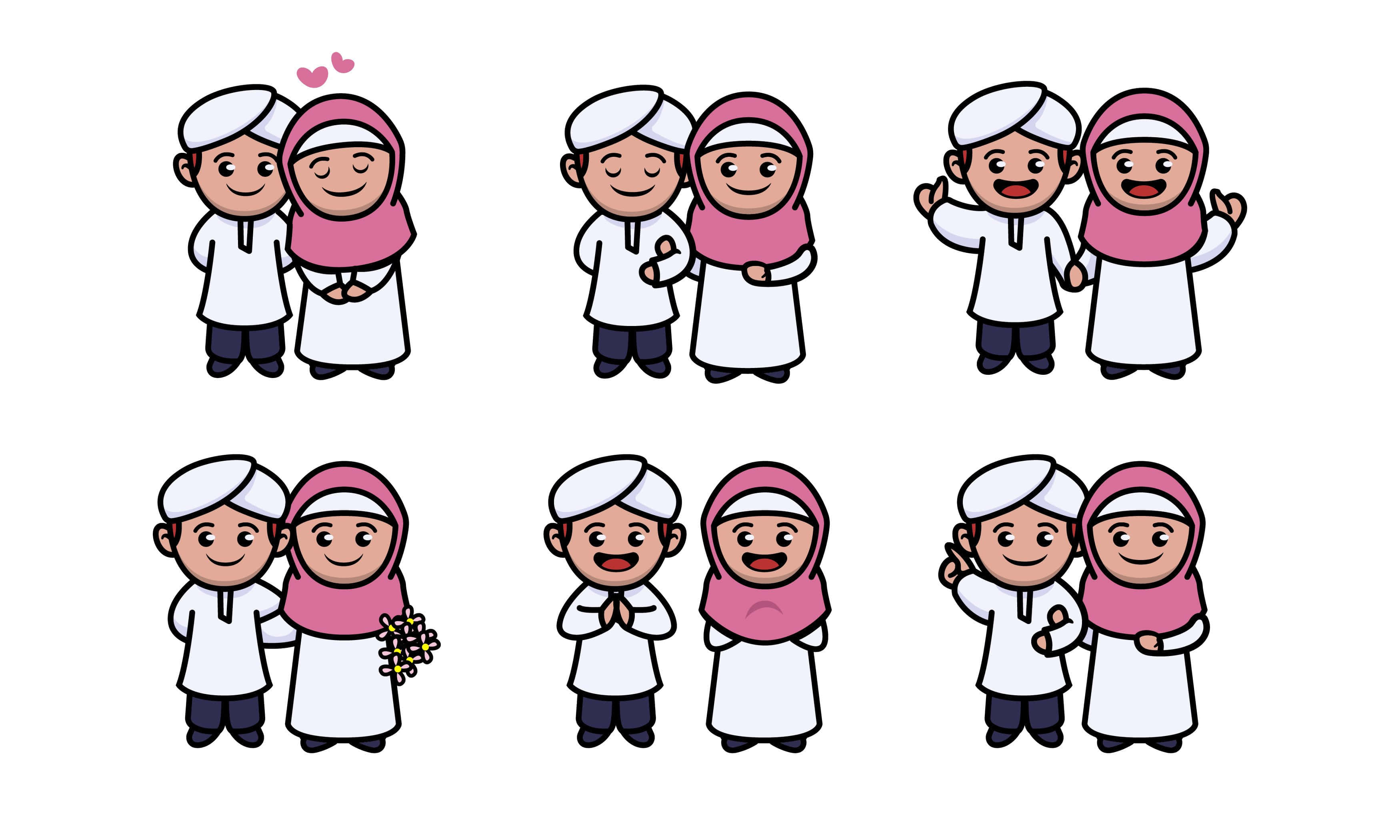 Muslim Couple Cartoon, white and pink outfits, heart symbols, 2K Desktop Wallpaper