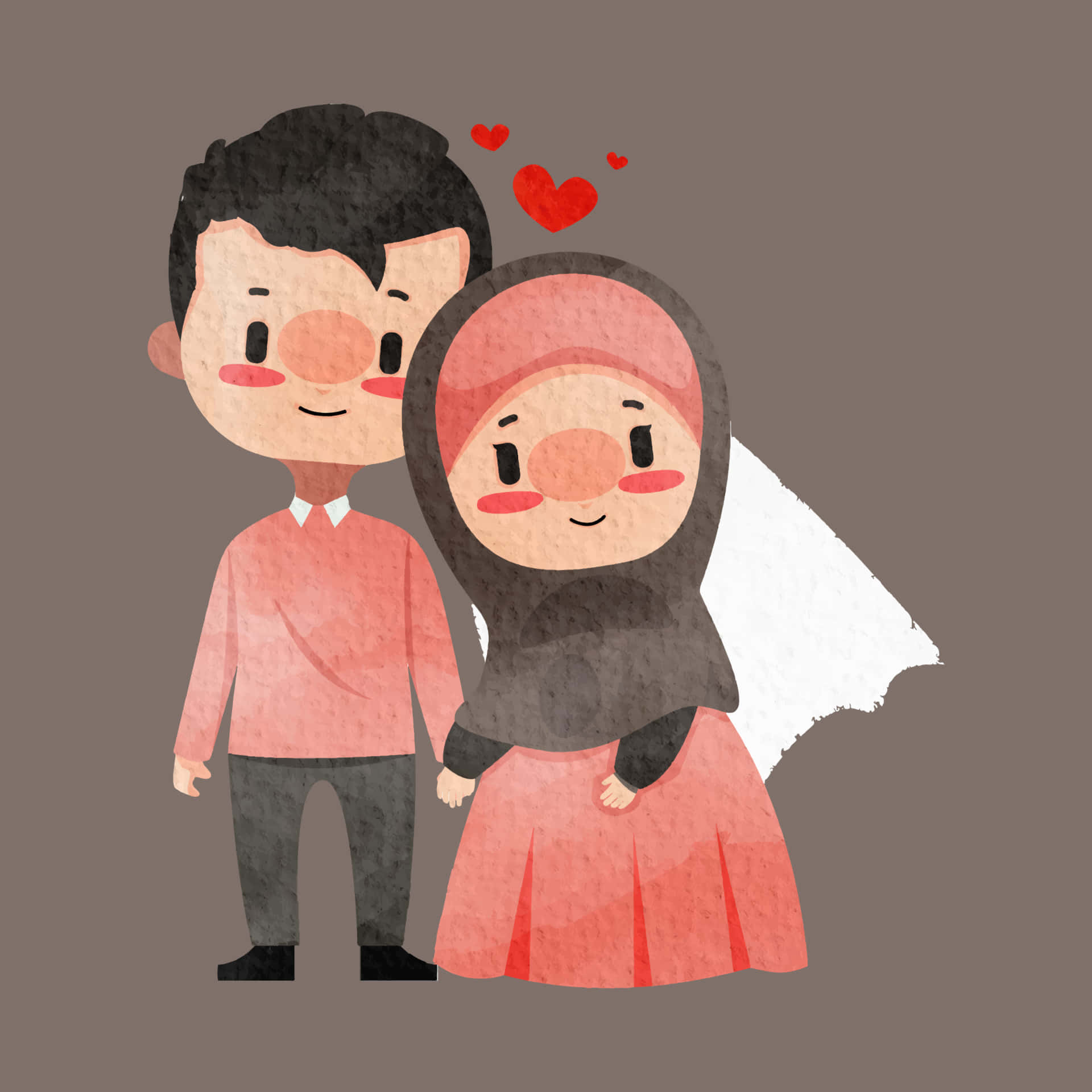 Muslim Couple Cartoon, red hearts, muted brown background, Full HD Desktop Wallpaper