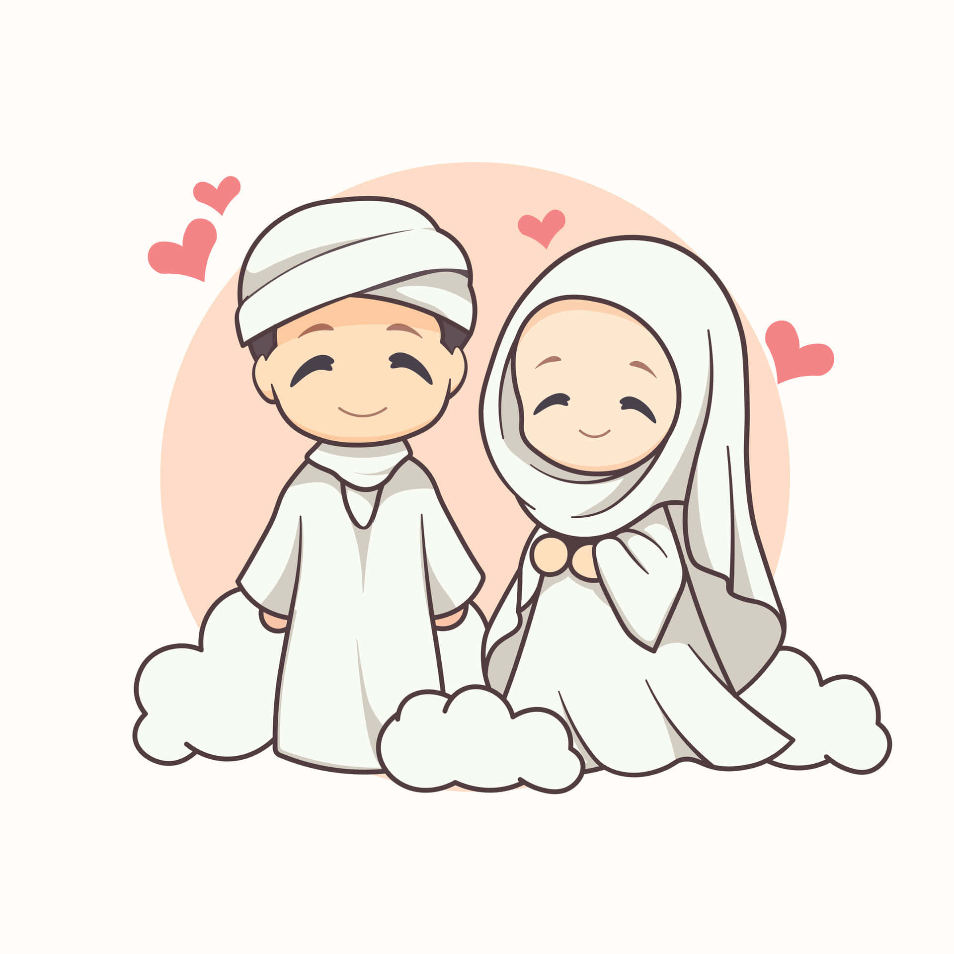 Muslim Couple Cartoon, white traditional attire, clouds, Full HD Desktop Wallpaper