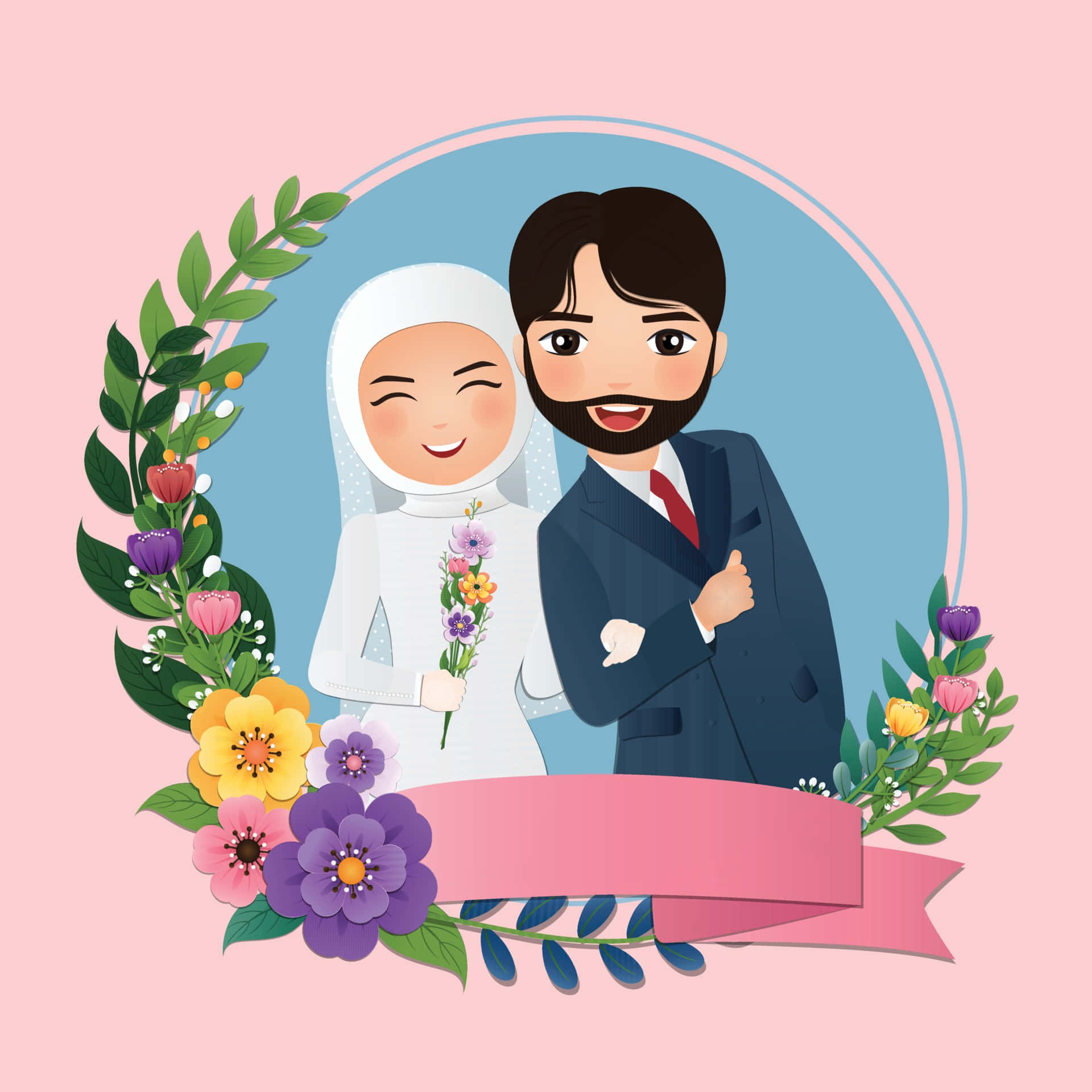 Muslim Couple Cartoon, floral frame, wedding attire, Full HD Desktop Wallpaper