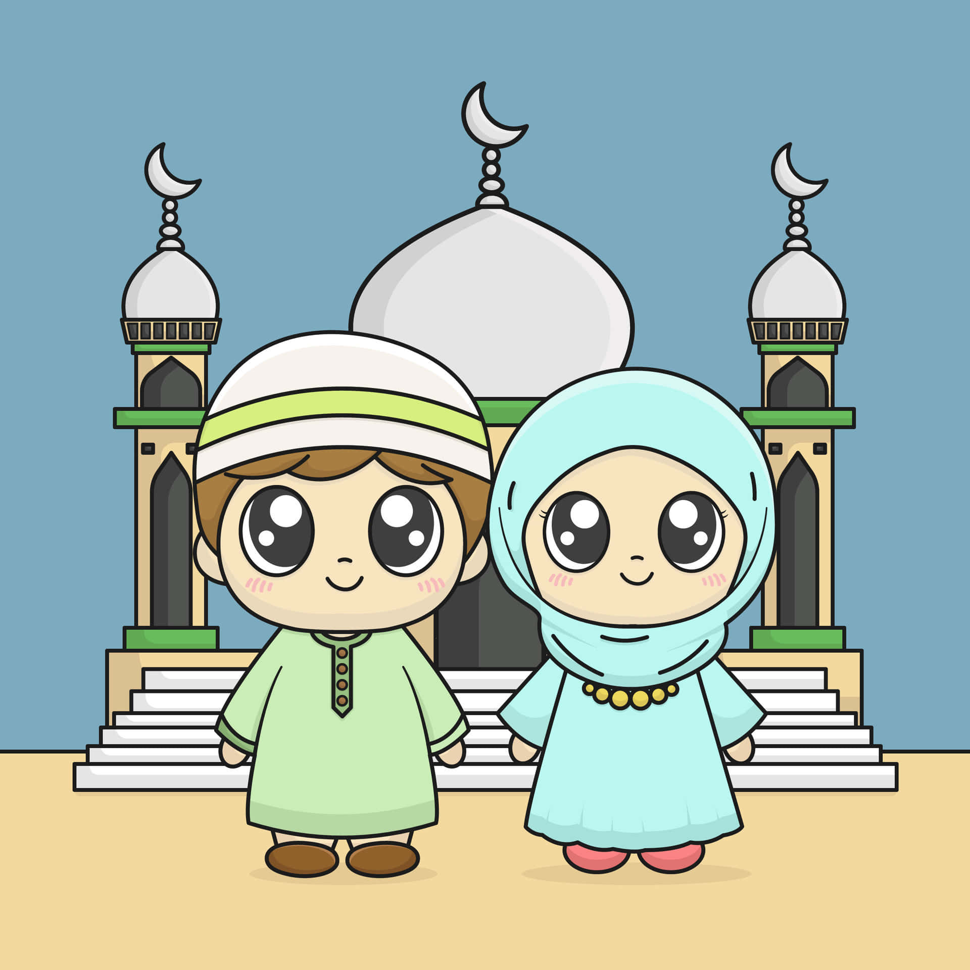 Muslim Couple Cartoon, mosque, domes, Full HD Desktop Wallpaper
