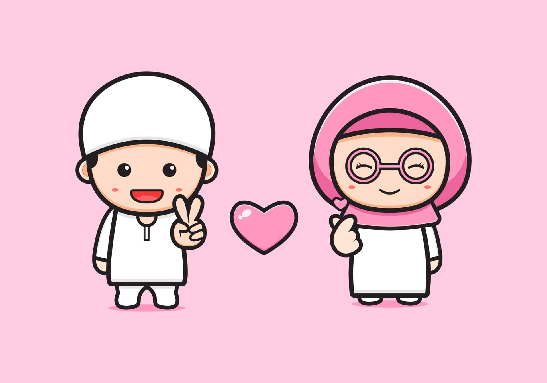 Muslim Couple Cartoon, white and pink traditional attire, pink heart, Full HD Desktop Wallpaper