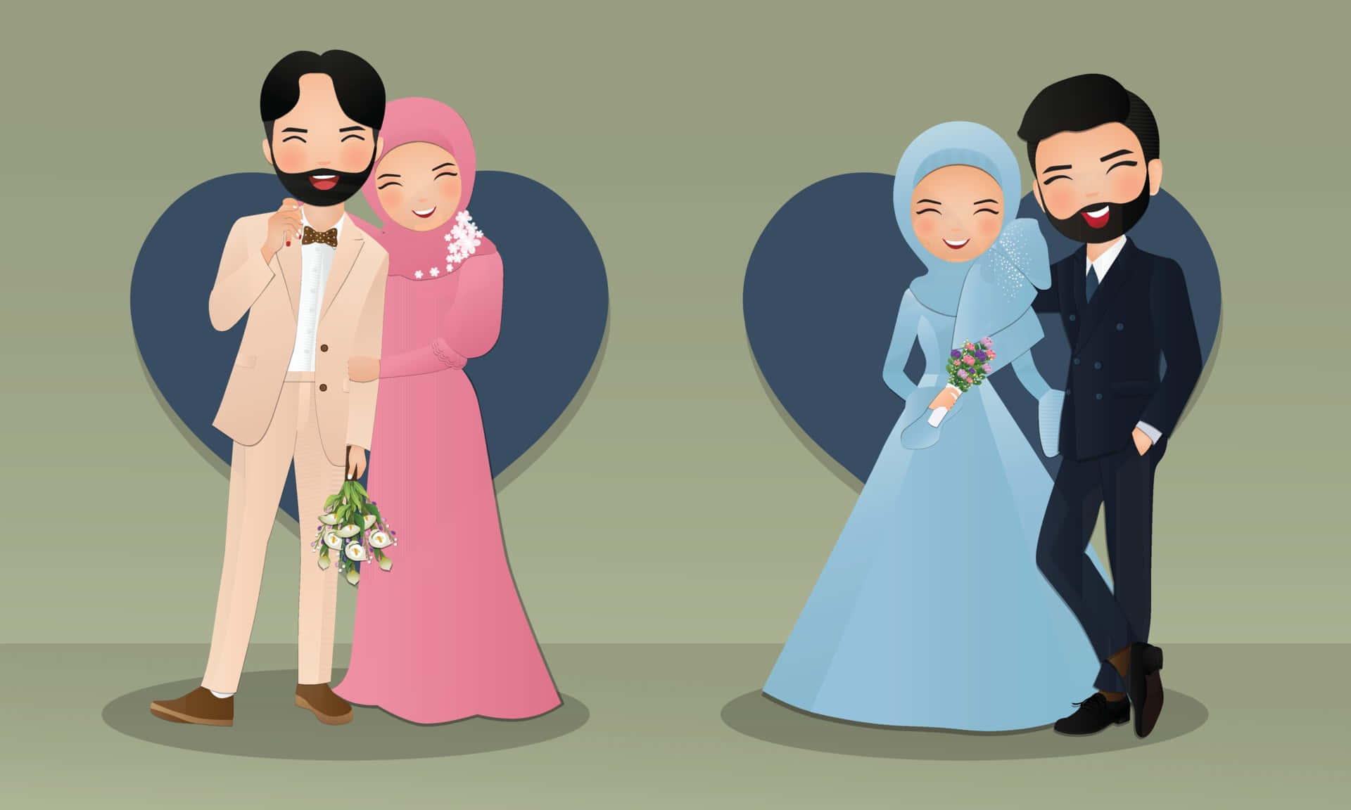 Muslim Couple Cartoon, wedding attire, heart shapes, Full HD Desktop Wallpaper