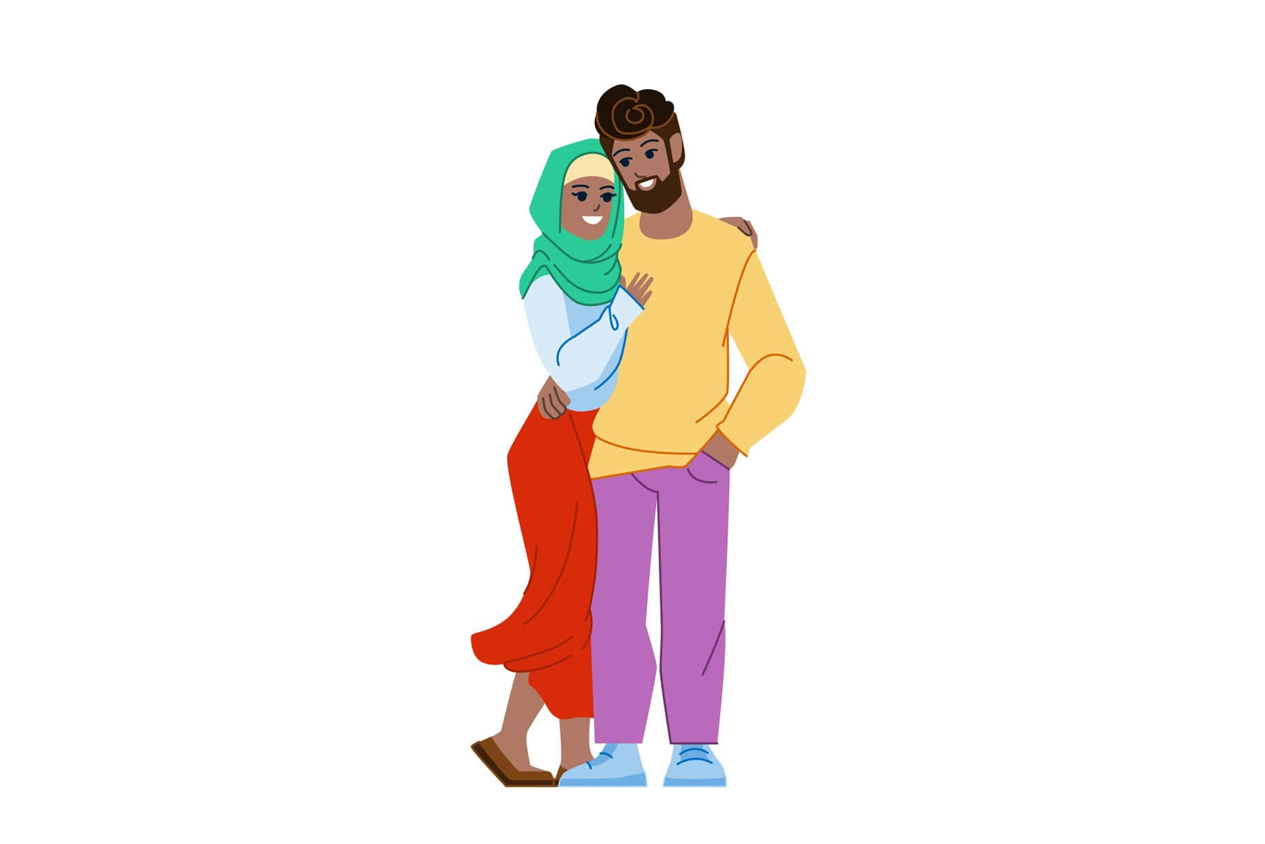 Muslim Couple Cartoon, green hijab, red skirt, HD Desktop Wallpaper