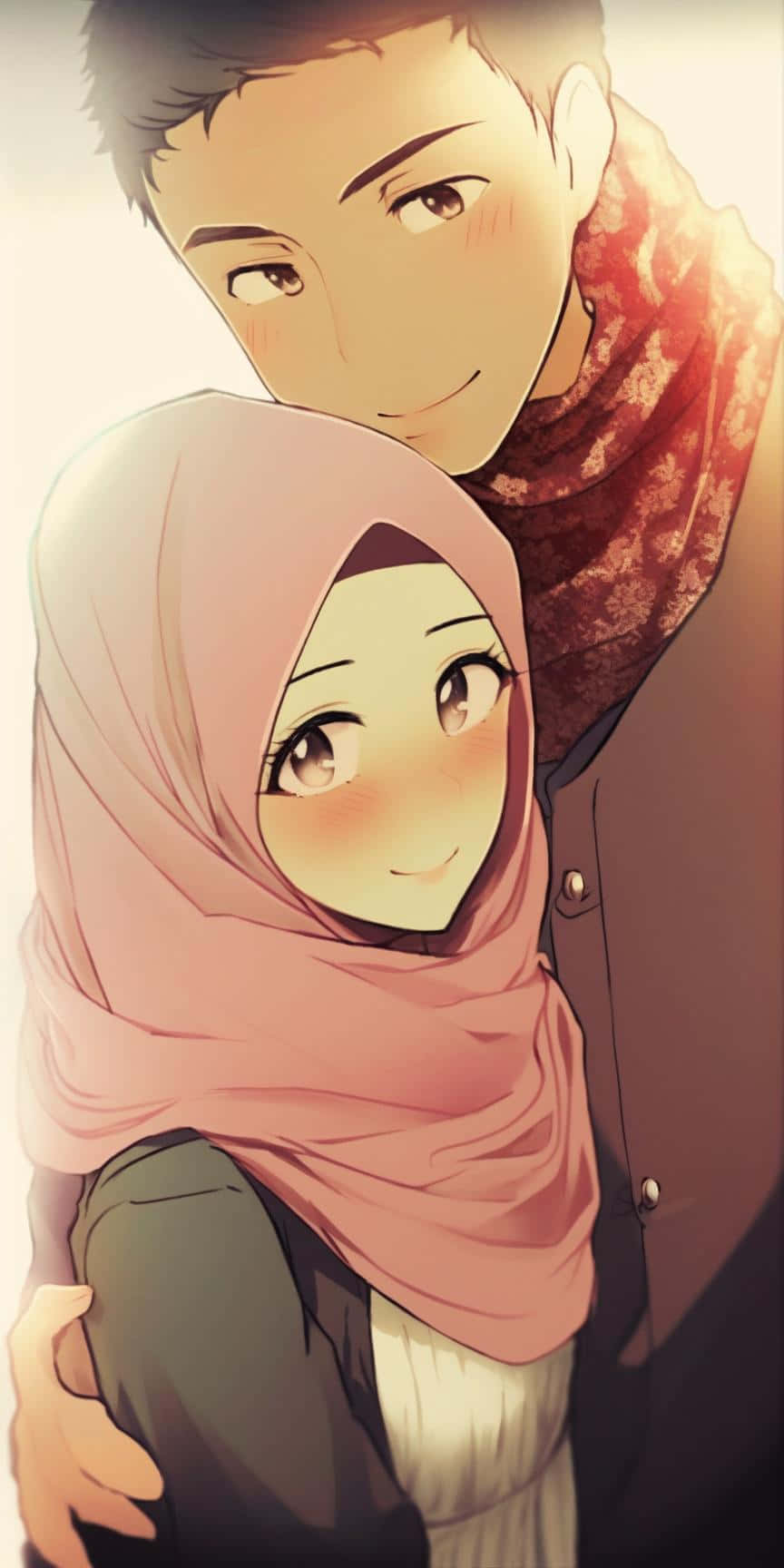 Muslim Couple Cartoon, anime-style, embrace, HD Phone Wallpaper