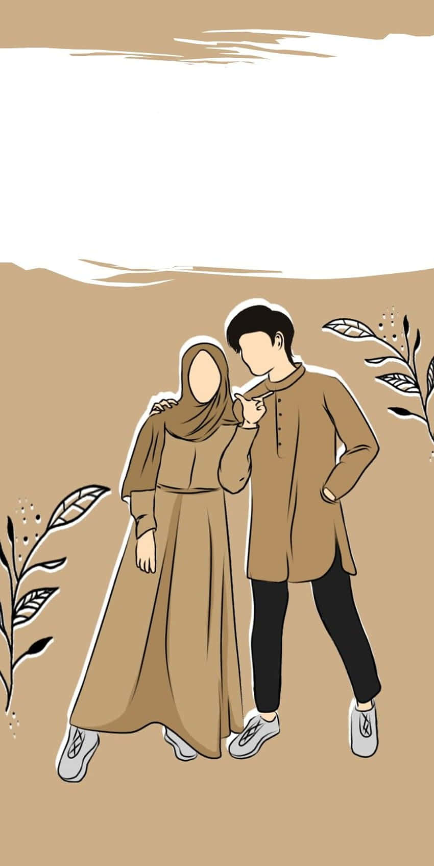 Muslim Couple Cartoon, brown outfits, minimalist beige background, HD Phone Wallpaper