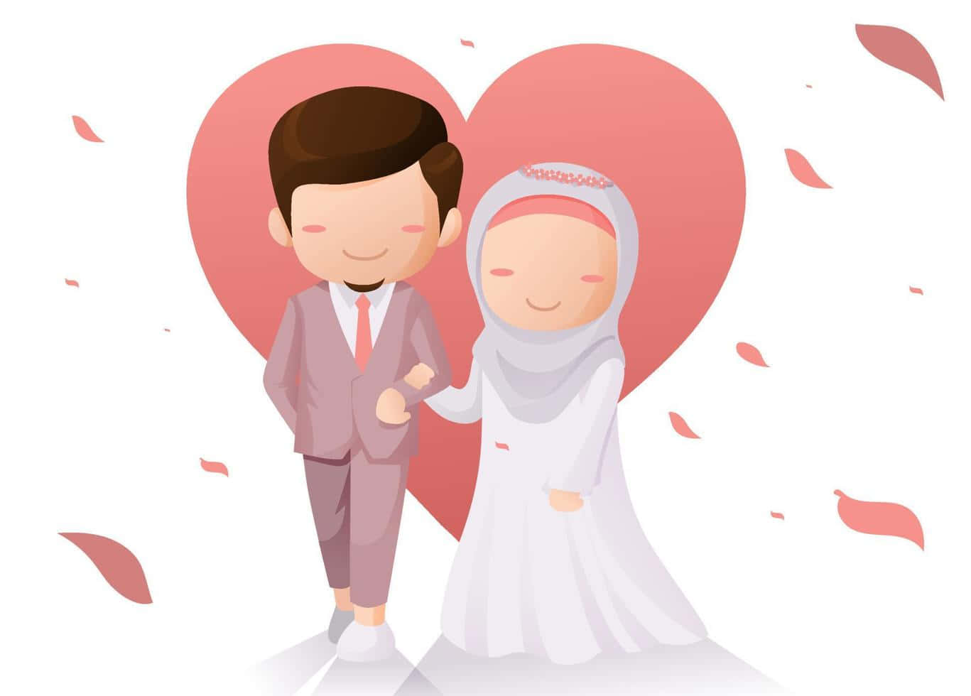 Muslim Couple Cartoon, pink heart, rose petals, HD Desktop Wallpaper