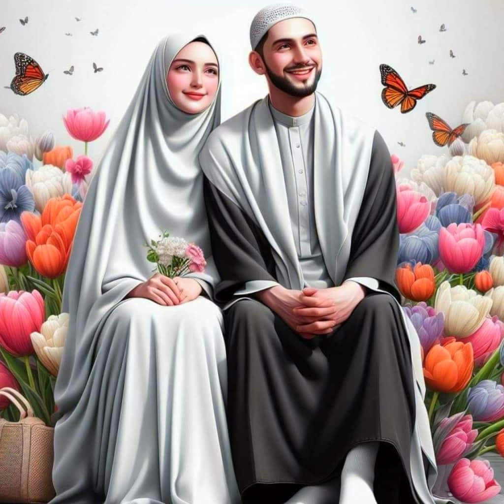 Muslim Couple Cartoon, butterflies, flowers, SD Desktop Wallpaper