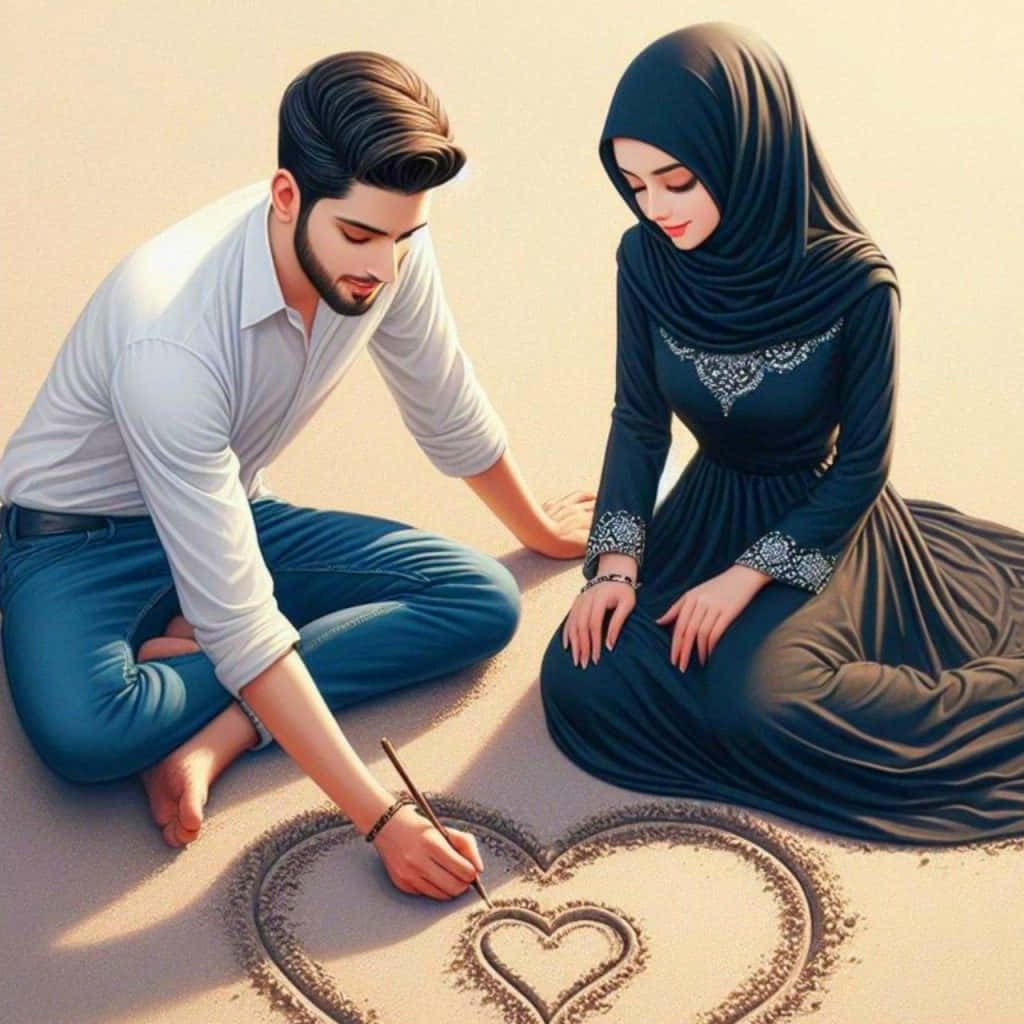 Muslim Couple, drawing heart in sand, sand, SD Desktop Wallpaper