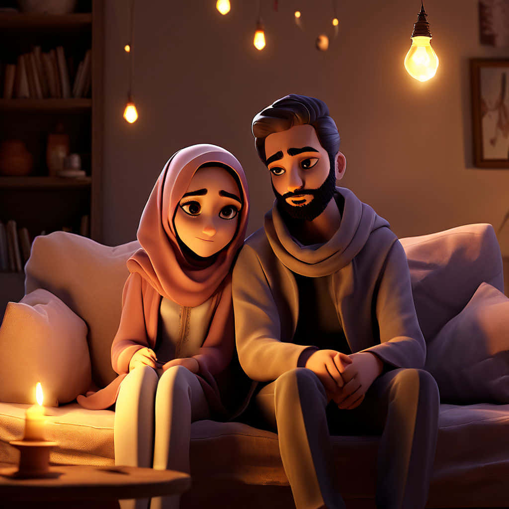 Muslim Couple Cartoon, cozy evening, couch, SD Desktop Wallpaper