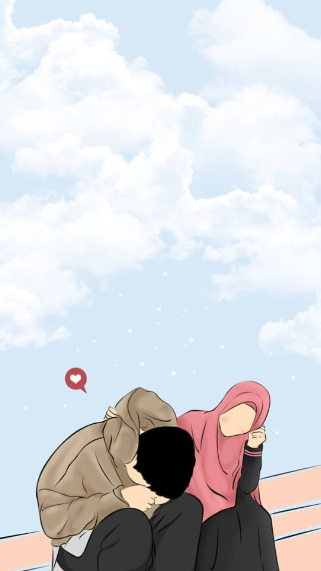 Muslim Couple Cartoon, minimalist sky background, soft blue sky, SD Phone Wallpaper