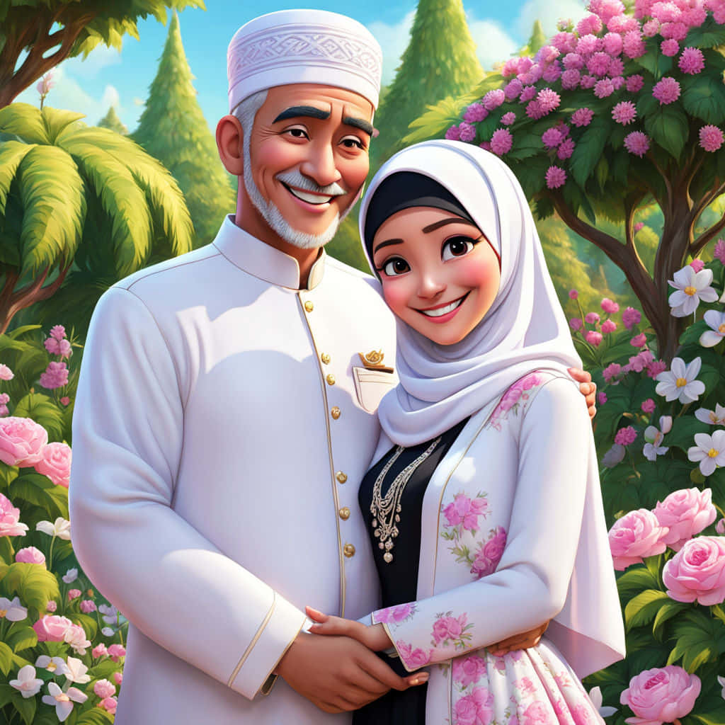 Muslim couple, traditional attire, vibrant garden, SD Desktop Wallpaper