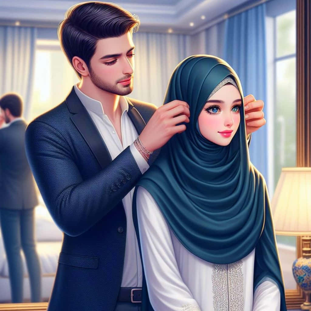 Muslim Couple Cartoon, dark suit, teal hijab, SD Desktop Wallpaper