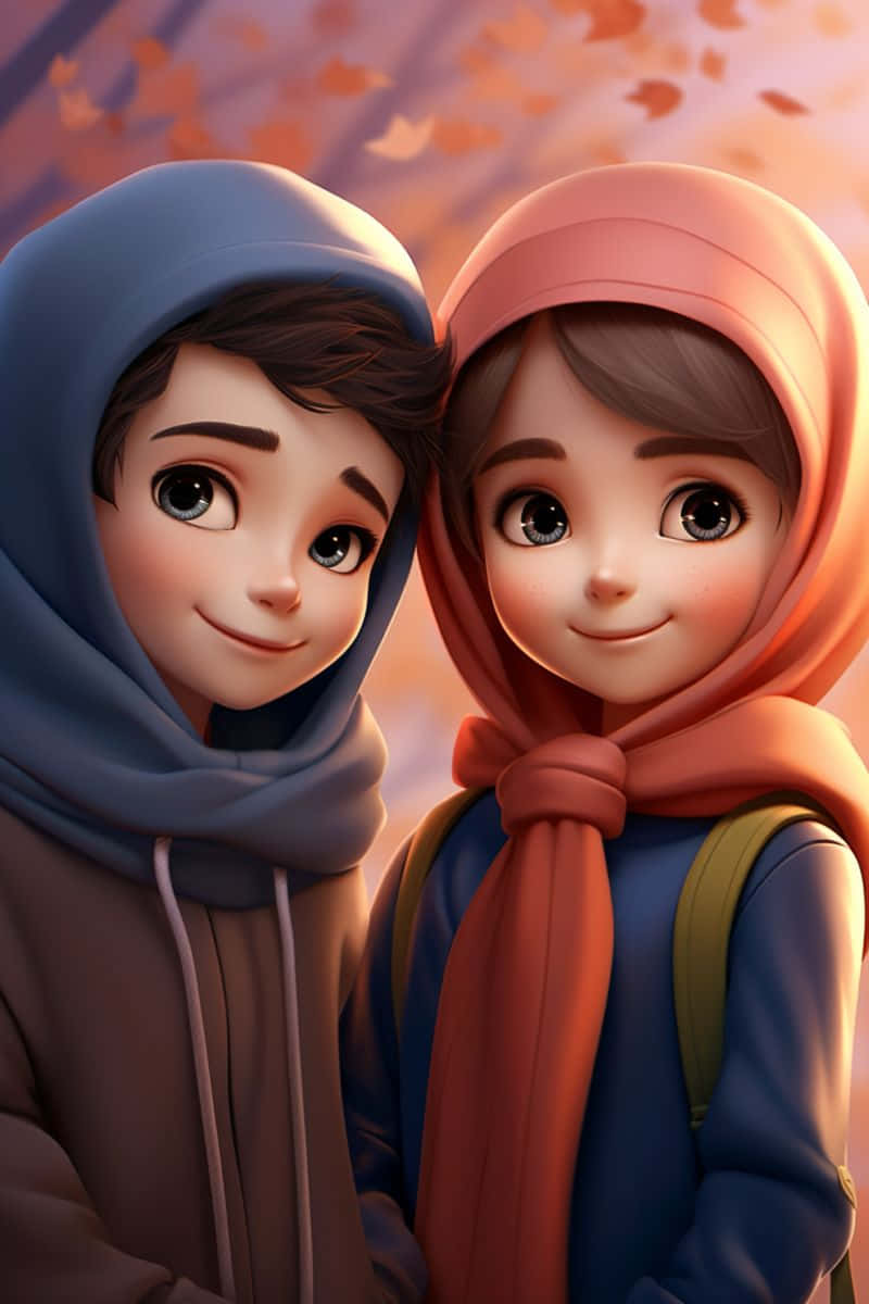 Muslim Couple Cartoon, smiling animated teens, hooded scarves, SD Phone Wallpaper