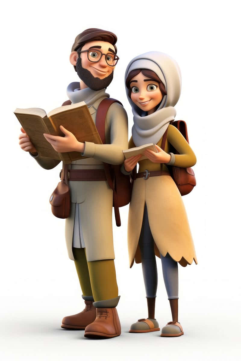 Muslim Couple Cartoon, 3d animated, travel gear, SD Phone Wallpaper