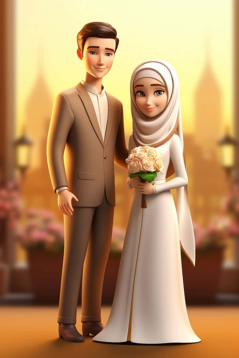 Muslim Couple Cartoon, 3D animated, white hijab, SD Phone Wallpaper