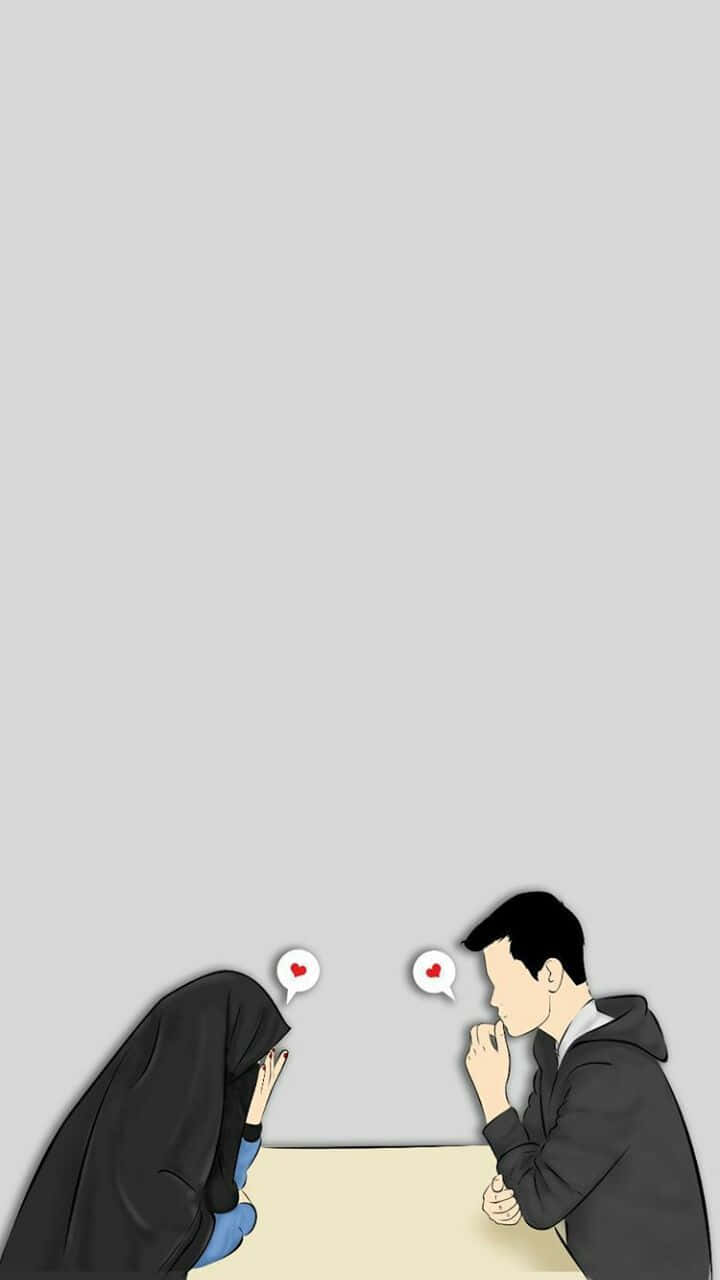 Muslim Couple Cartoon, praying together, heart symbols, HD Phone Wallpaper