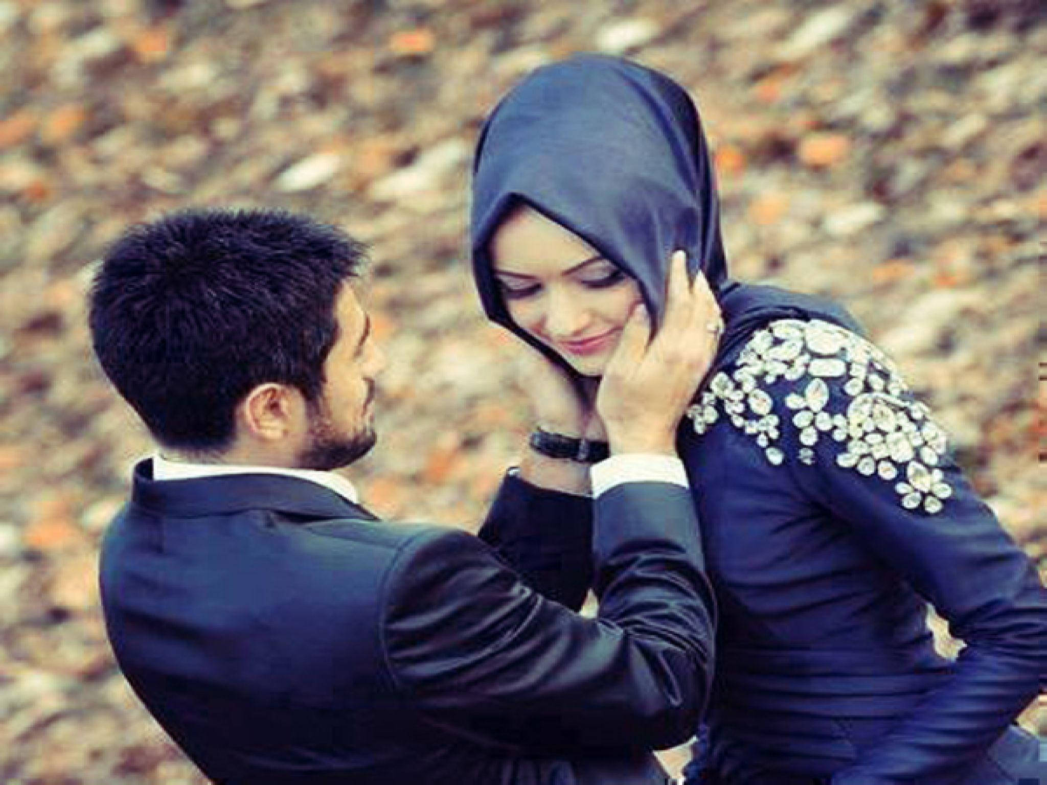 man in a suit, woman in a blue hijab, silver embroidery, Full HD Desktop Wallpaper