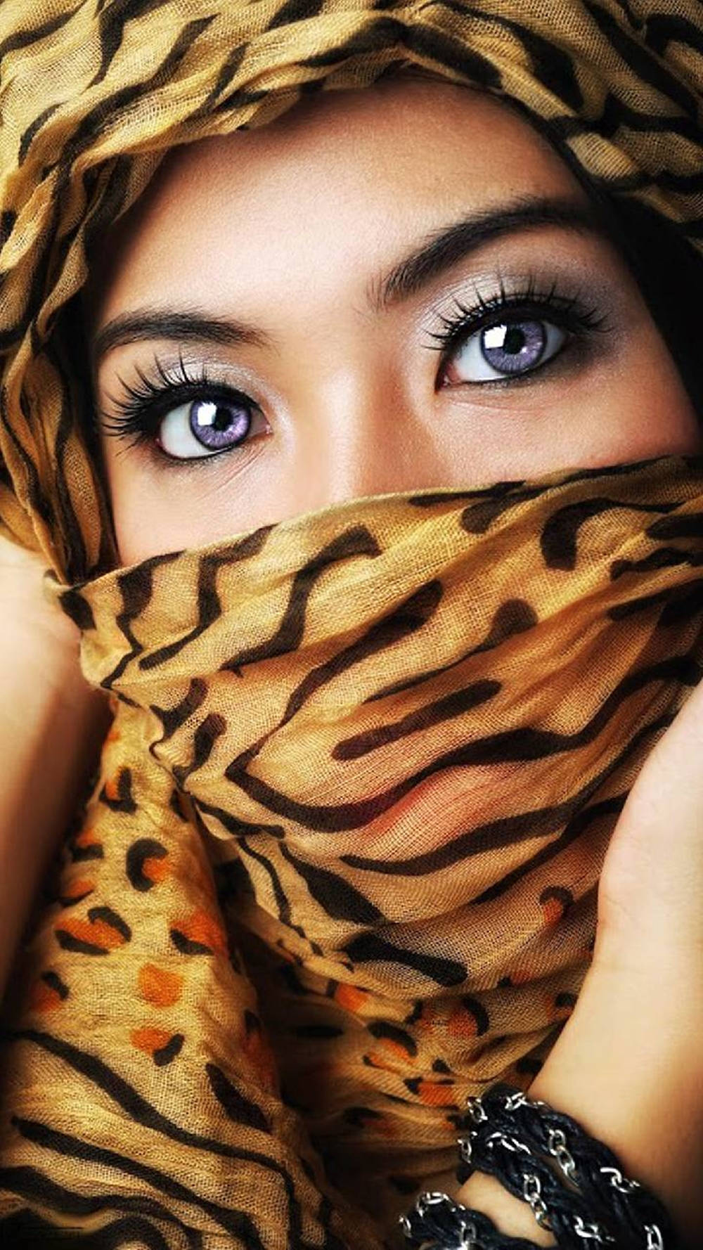 hijab, tiger pattern, purple eyes, HD Phone Wallpaper