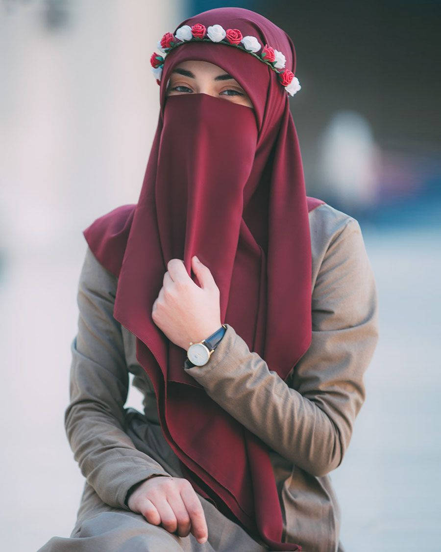 burgundy cadar, maroon niqab, floral headband, SD Phone Wallpaper