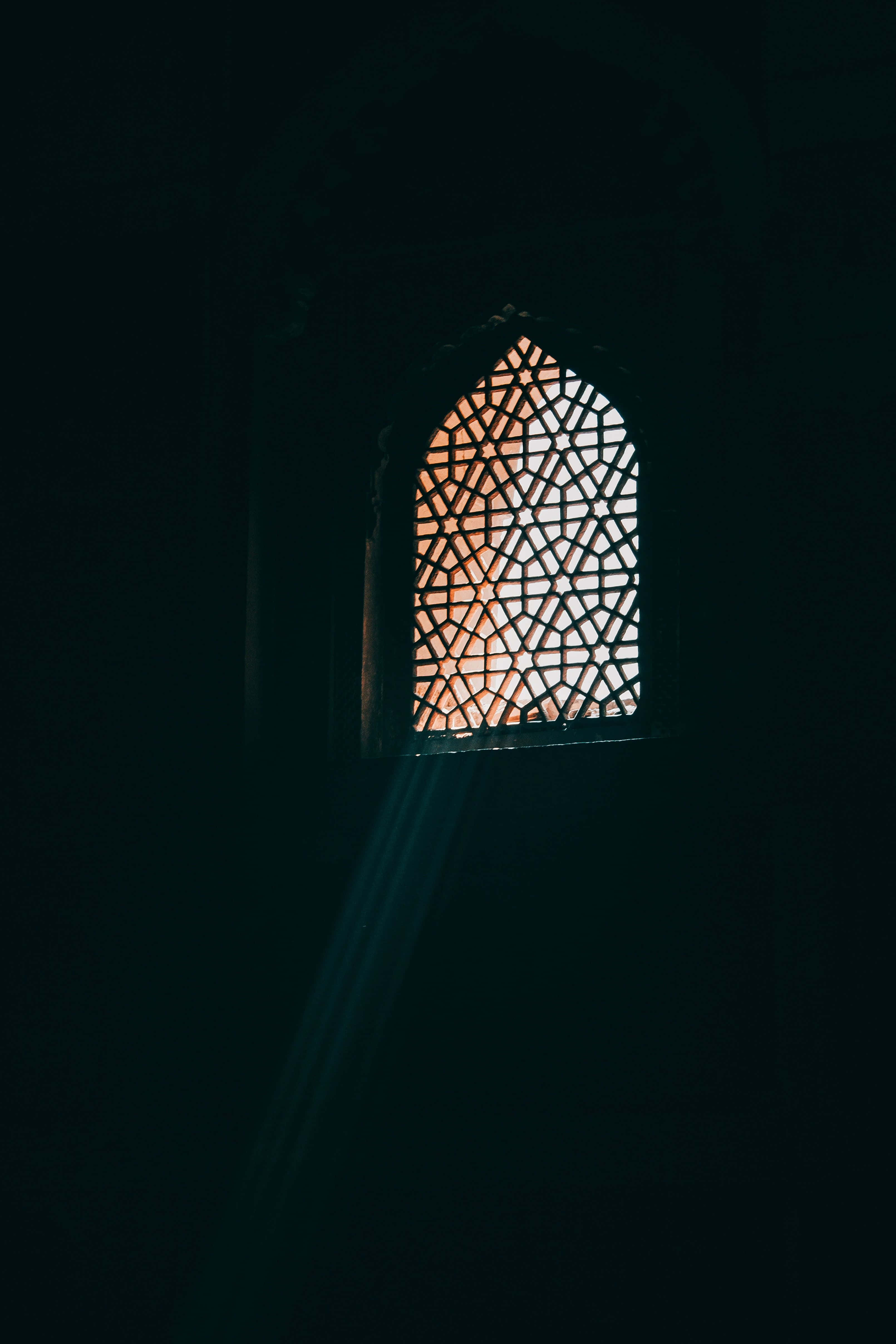 mystical islamic geometry window, golden light, ornate arched window, 4K Phone Wallpaper